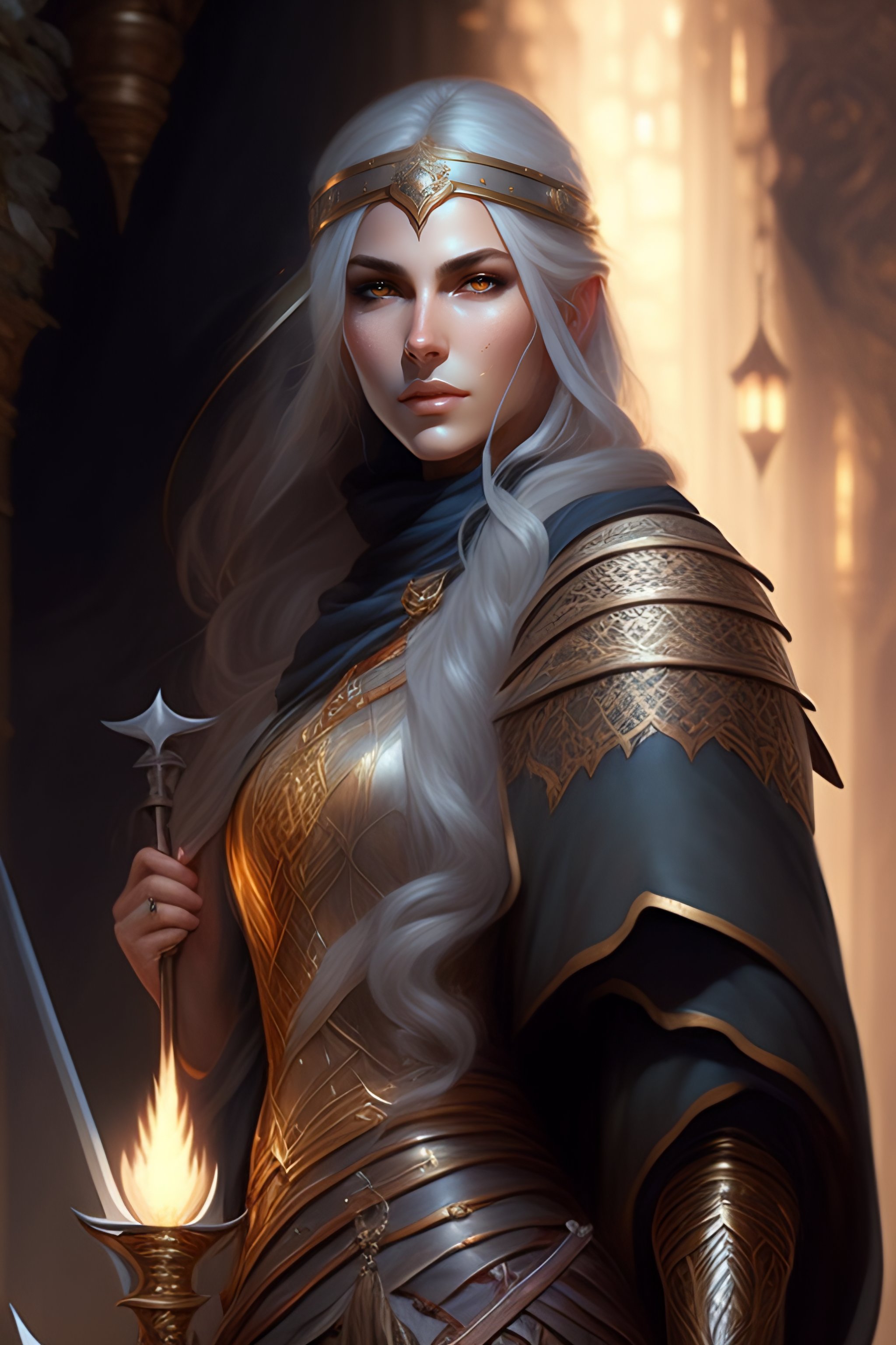 Lexica Female Cleric In Center Dnd Fantasy Gray Hair Holding Sword Dark Light Night