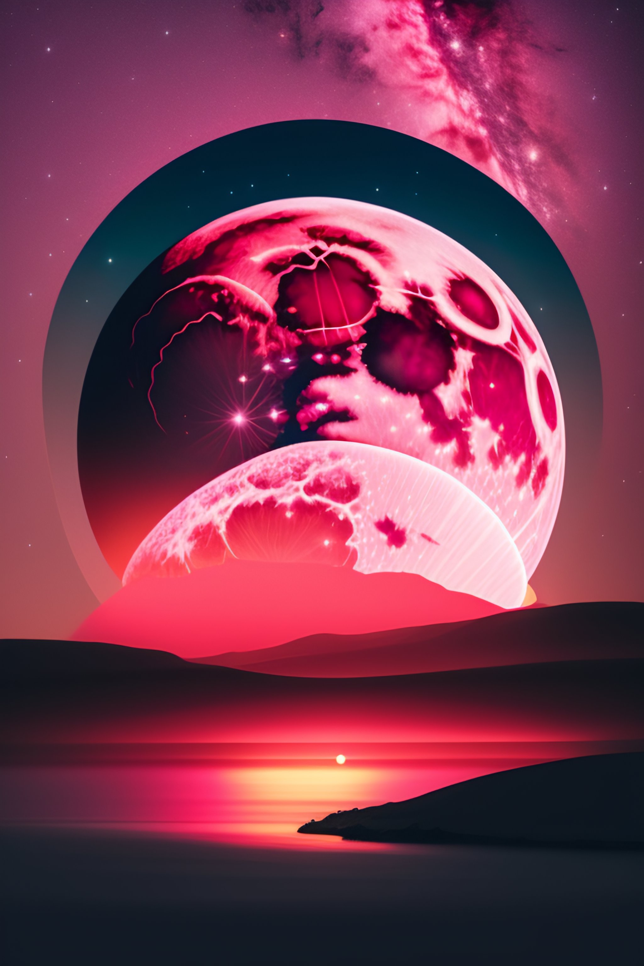 Lexica - A large, vibrant pink moon hovers in the night sky, two ears ...