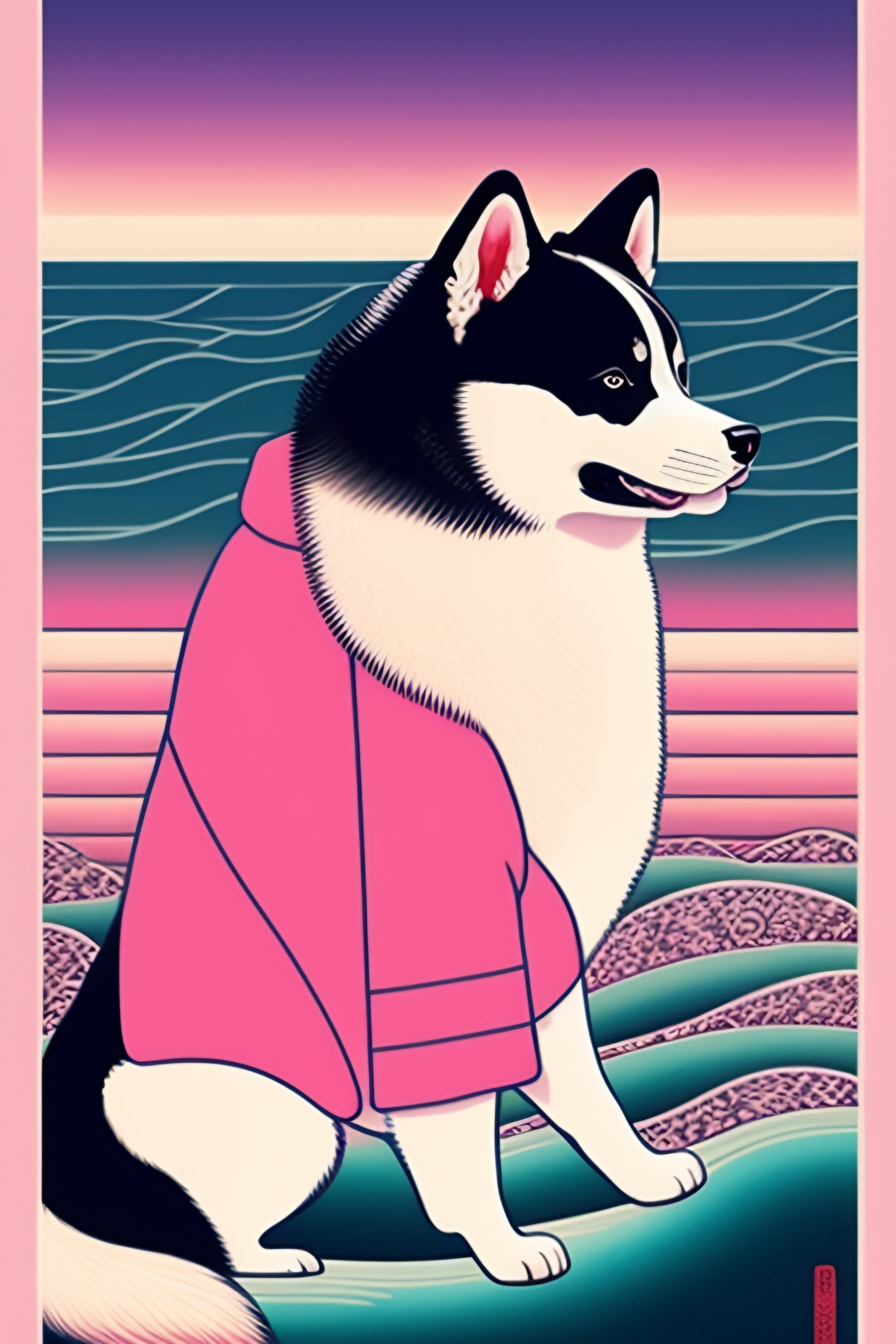 Lexica - Ukiyo-e style print of a akita inu wearing a soft pink yukata ...