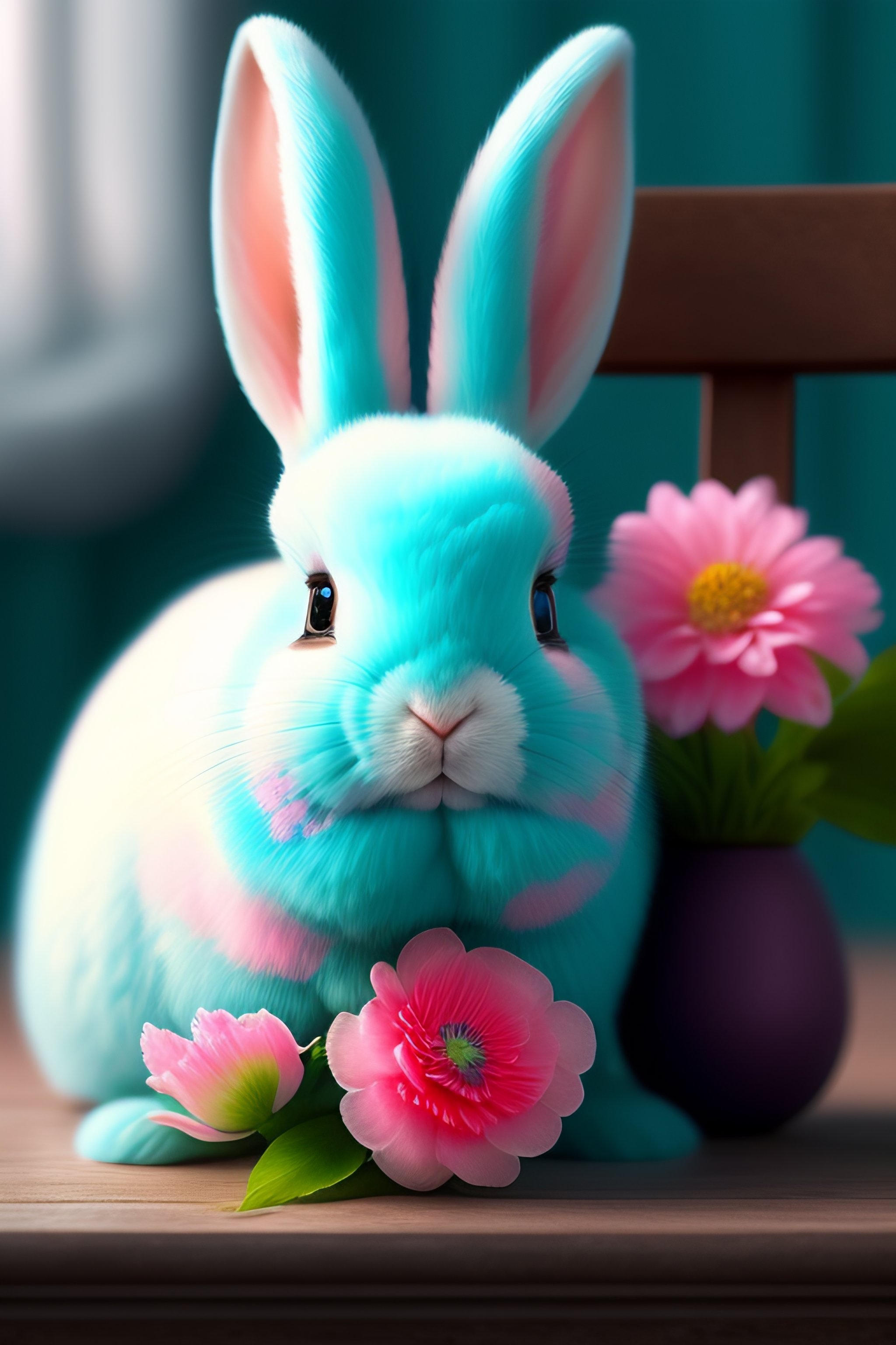 Lexica - Shabby Chic Teal and Pink Flowers with Fluffy Realistic Rabbit