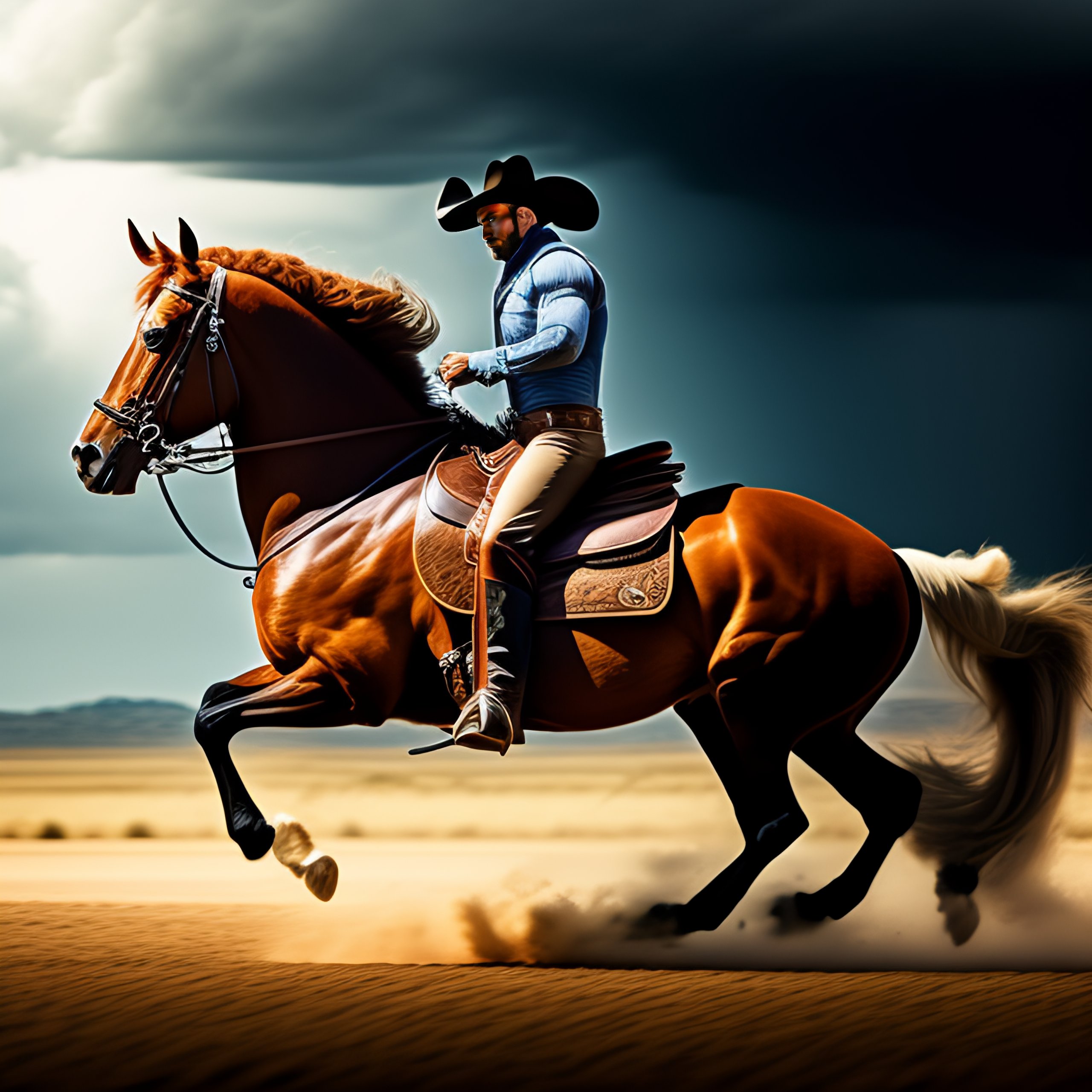 Lexica - Muscular Cowboy on a mustang horse while aiming a pistol