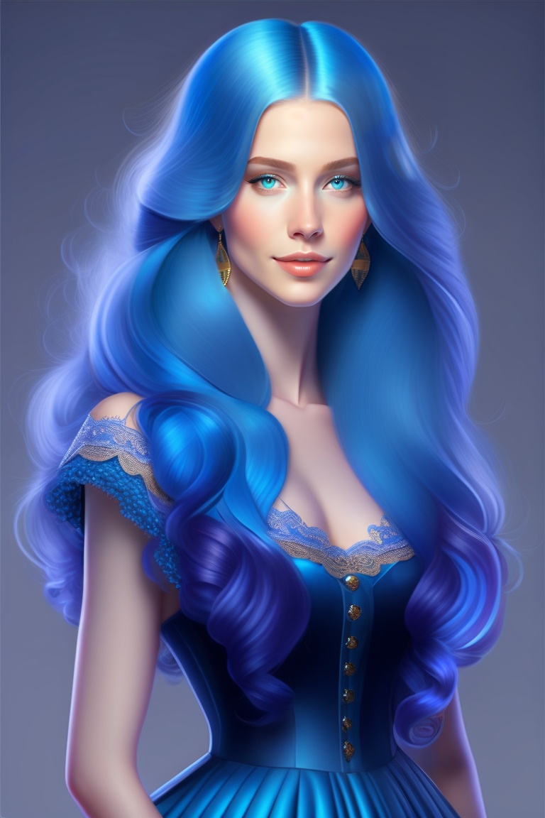 Lexica A Lady With Long Blue Hair Blue Eyes Fair Skin In A Blue Dress 