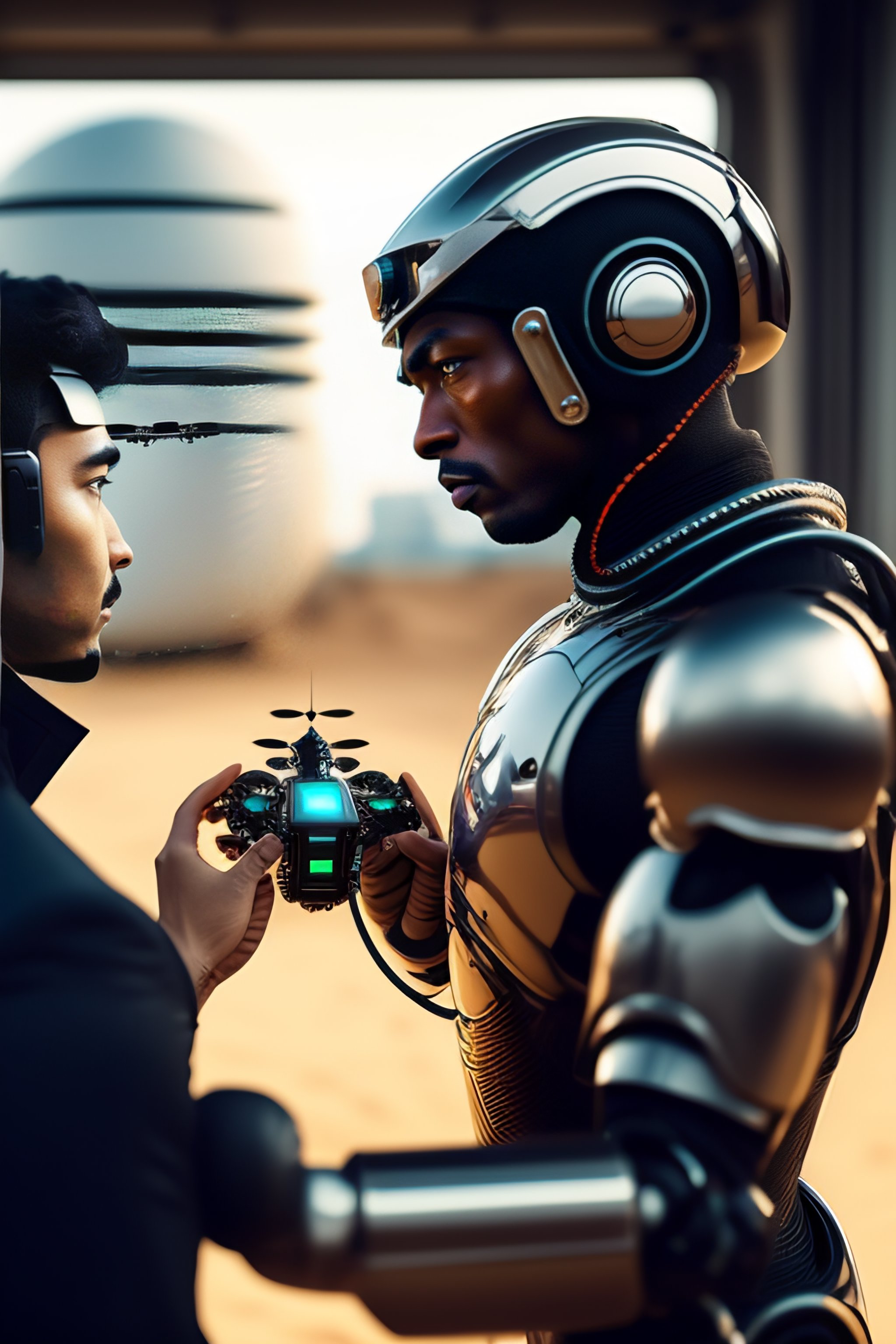 Lexica - Android mechanic man with a robotic drone in a sci-fi movie