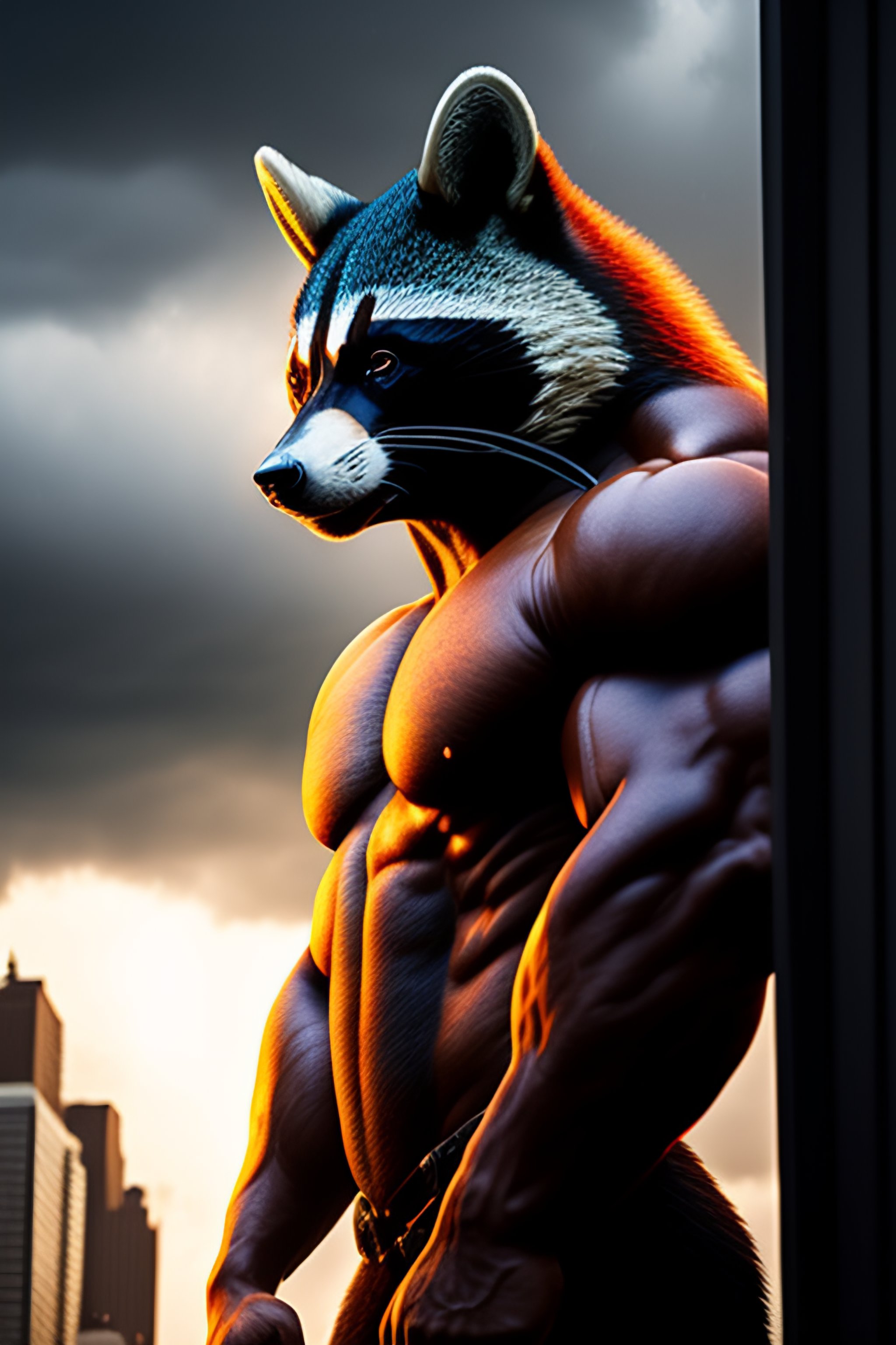 Lexica - A giant muscular racoon as tall as a building, in new york ...