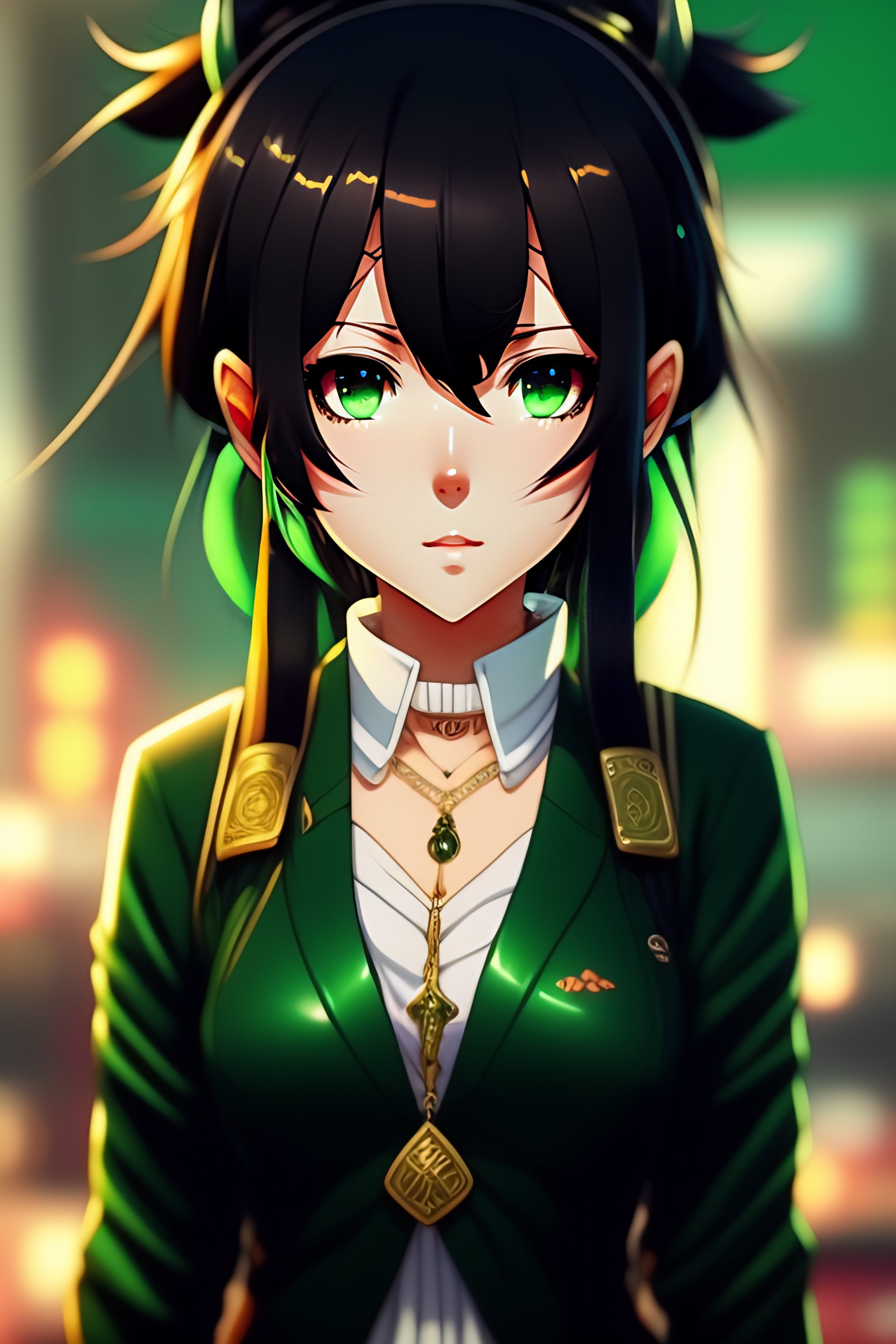 Lexica Cute Anime Girl Green Eyes Green And Black Hair Ahoge 