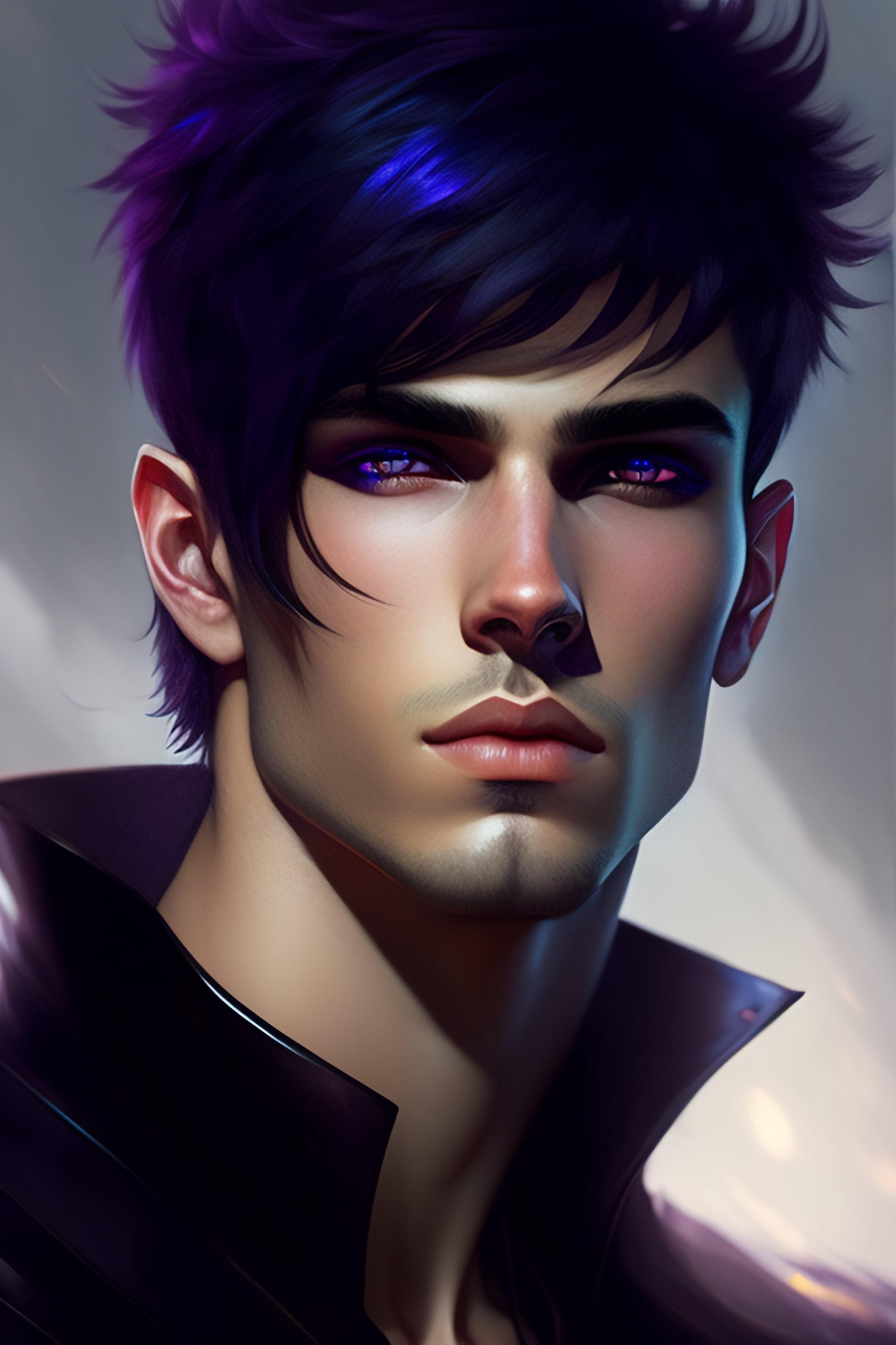 Lexica Young male with purple and black short hair bangs covering the