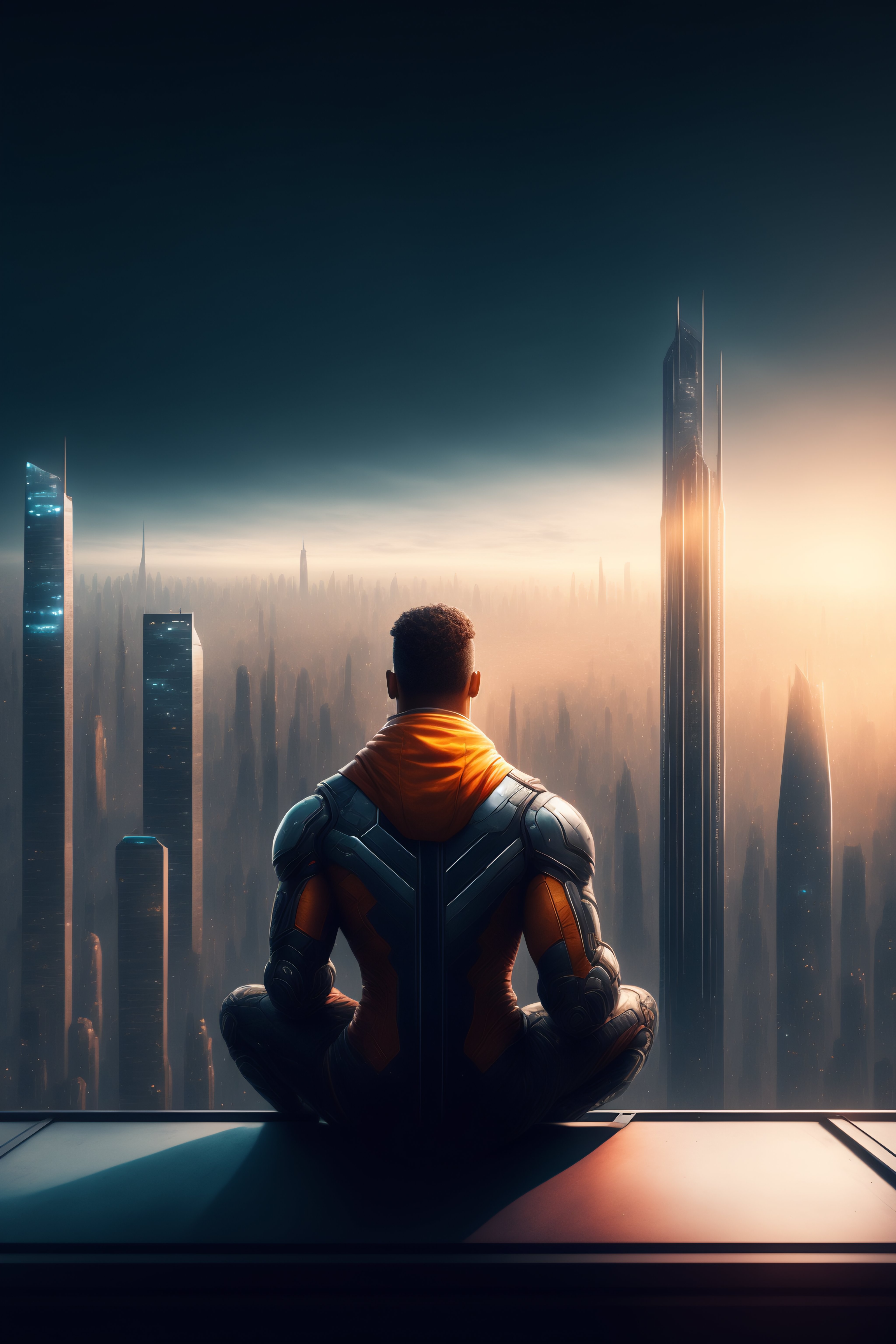 Lexica - Cyborg sitting on a roof looking down at a city below ...