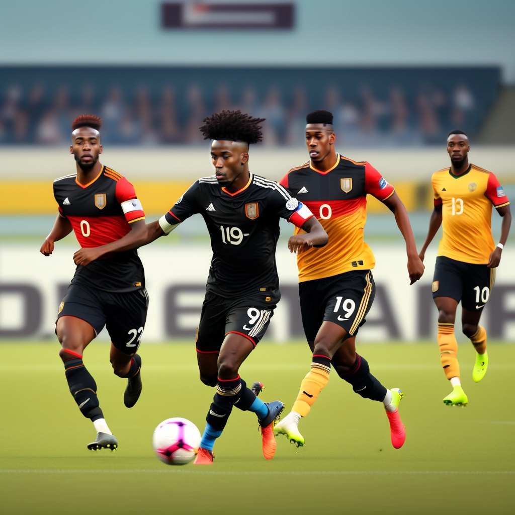 Lexica Flyer soccer match , 6 black and arabe players and field in