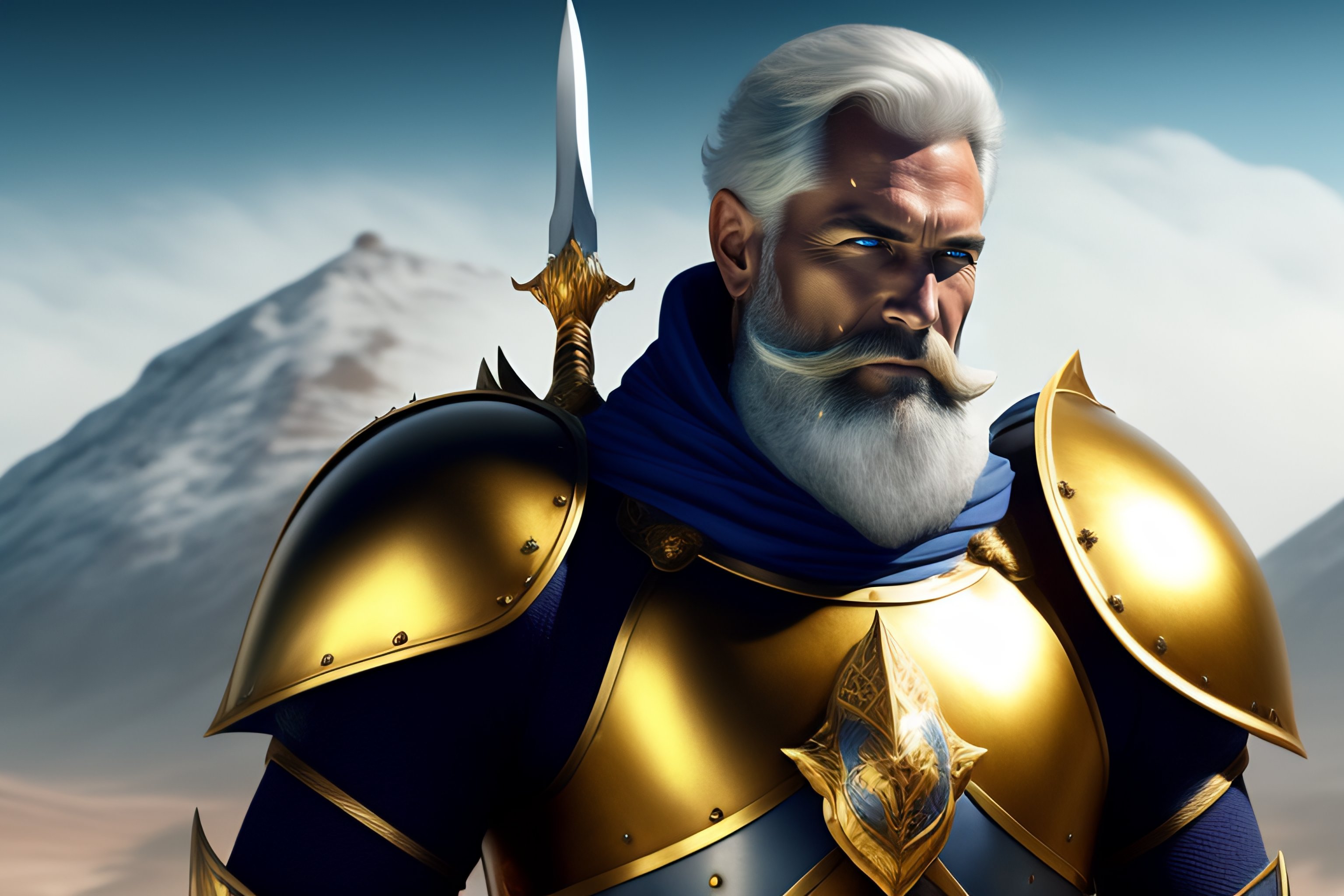 Lexica 60 year old male white human, white bearded, using a golden