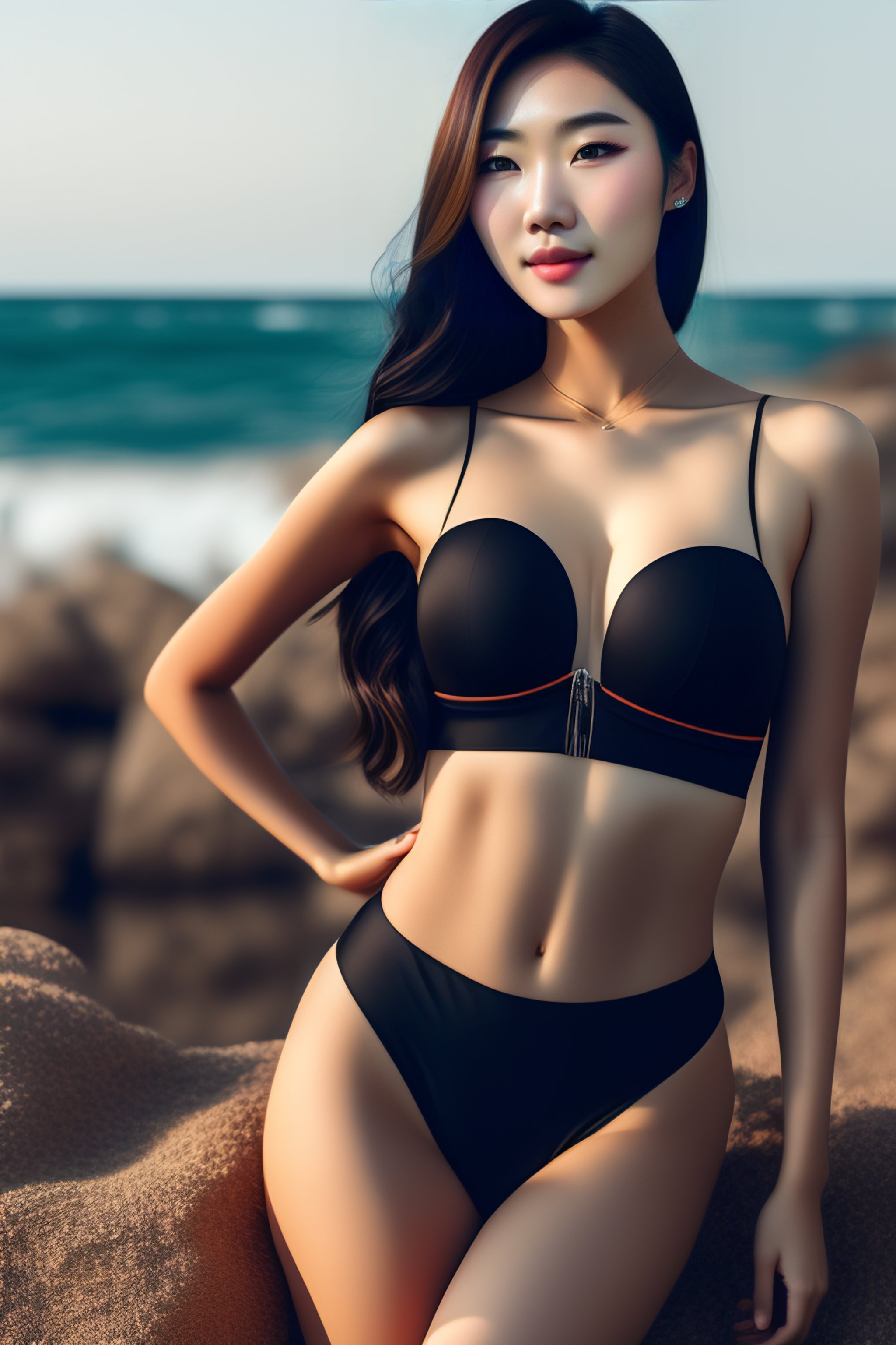 Lexica Beautiful Korean Girl In A Black Swimsuit Full Length Photo