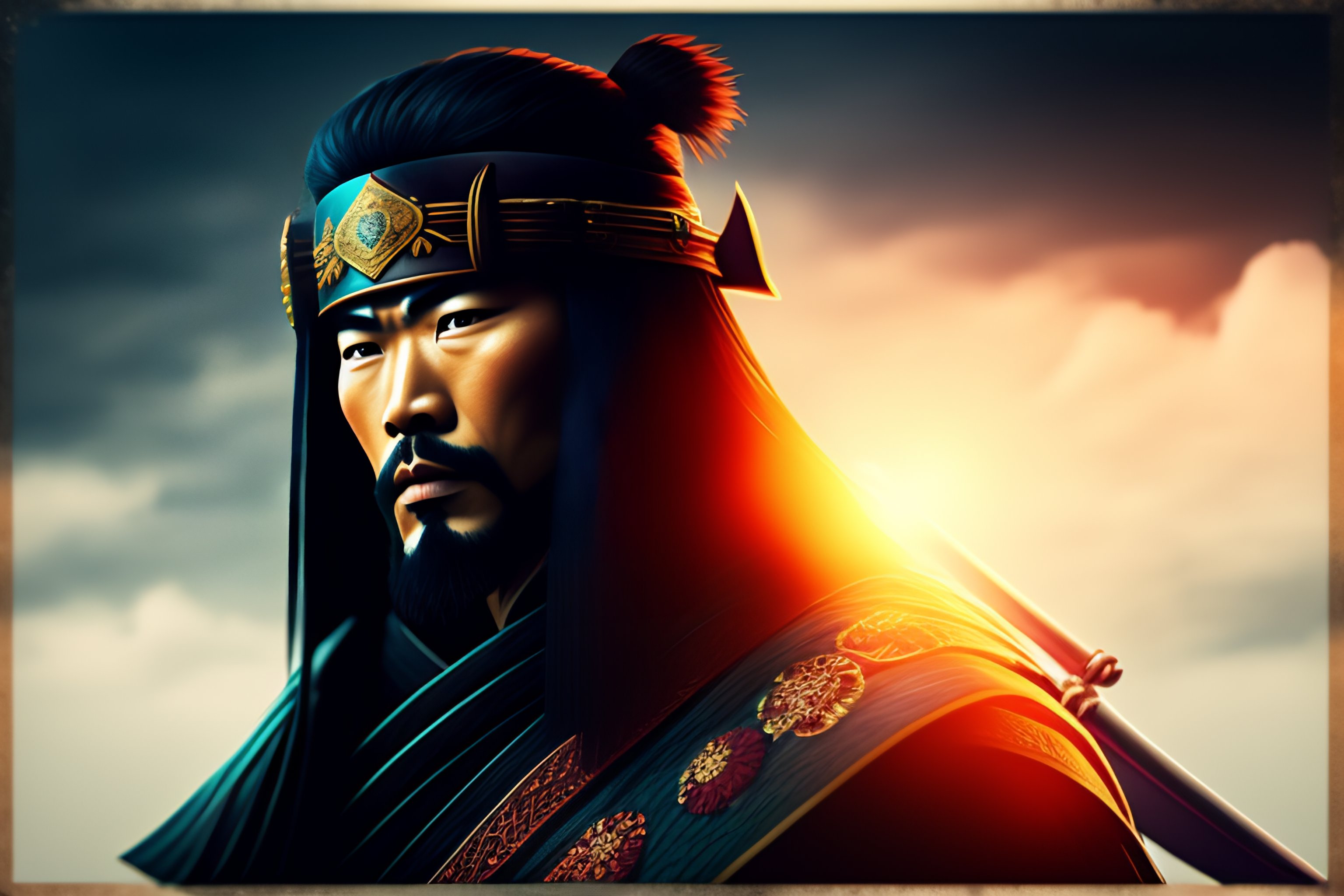 Lexica - 2d style samurai with war background