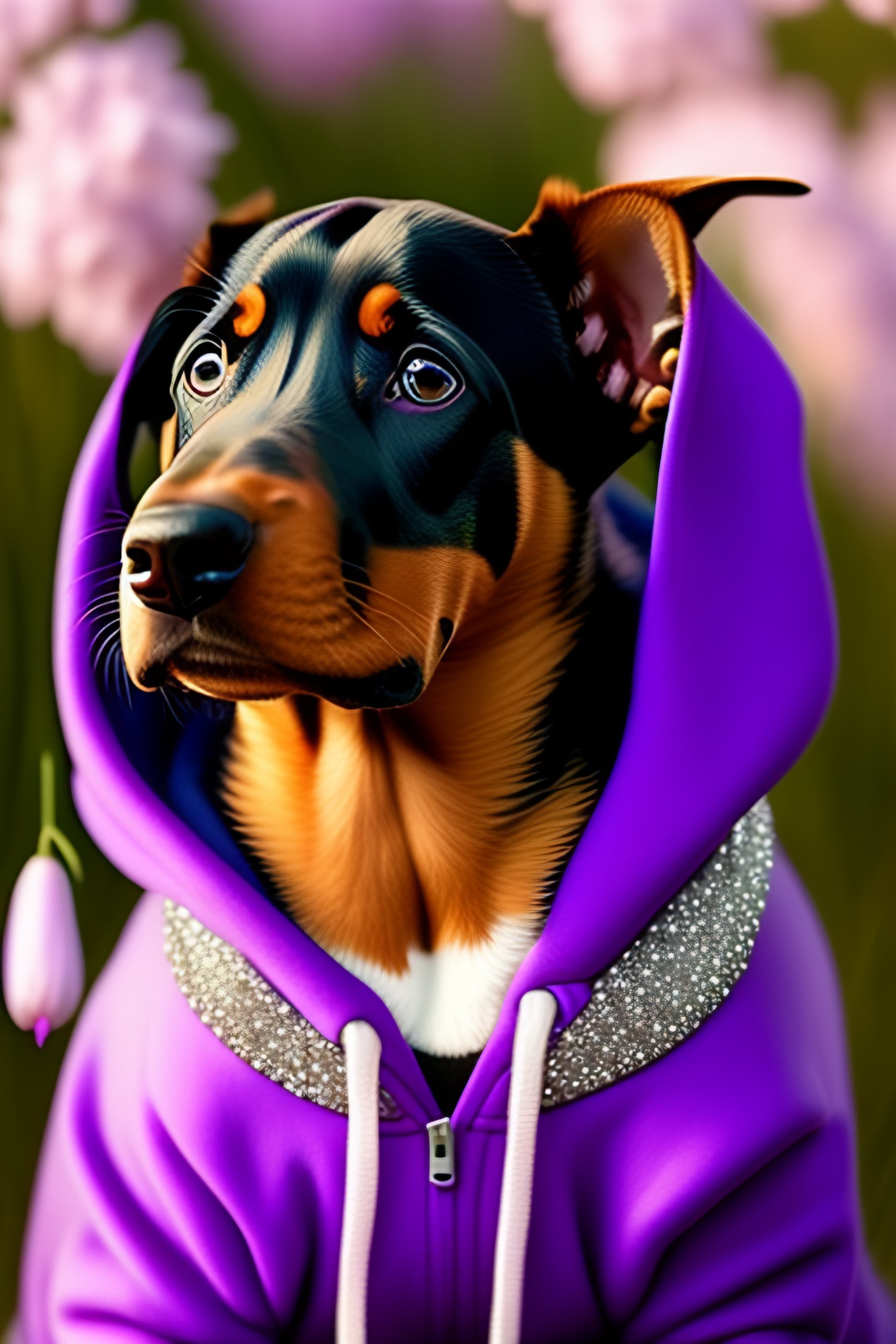 Lexica Cute doberman puppy wearing lavender rhinestone hoodie sitting