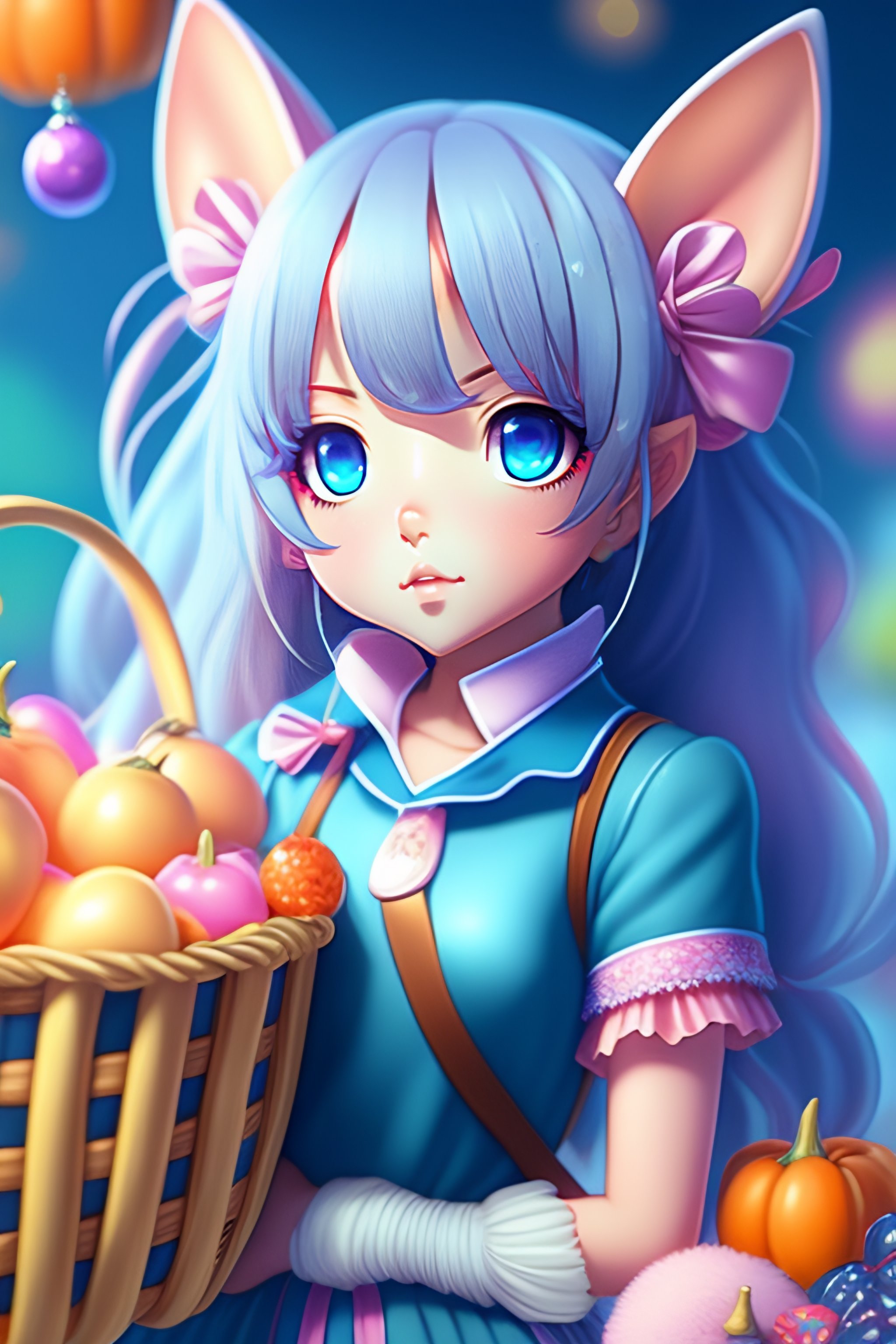 Lexica - Anime,wallpaper like pencil drawing, digital art of cute kawaii  girl with rabbit ears, light blue hair,bob,pink eyes,holding a basket full  o