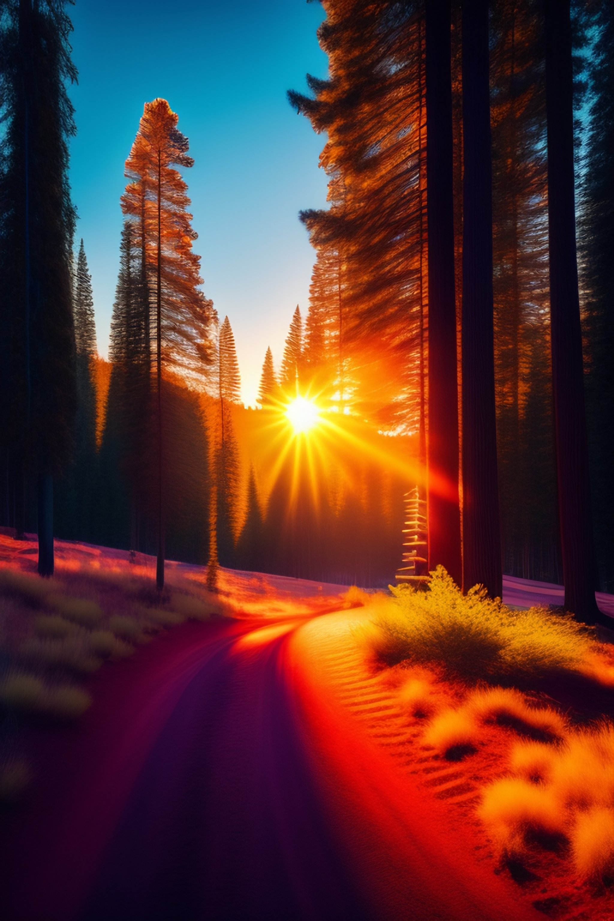 Lexica - Low sun, red rays, pines