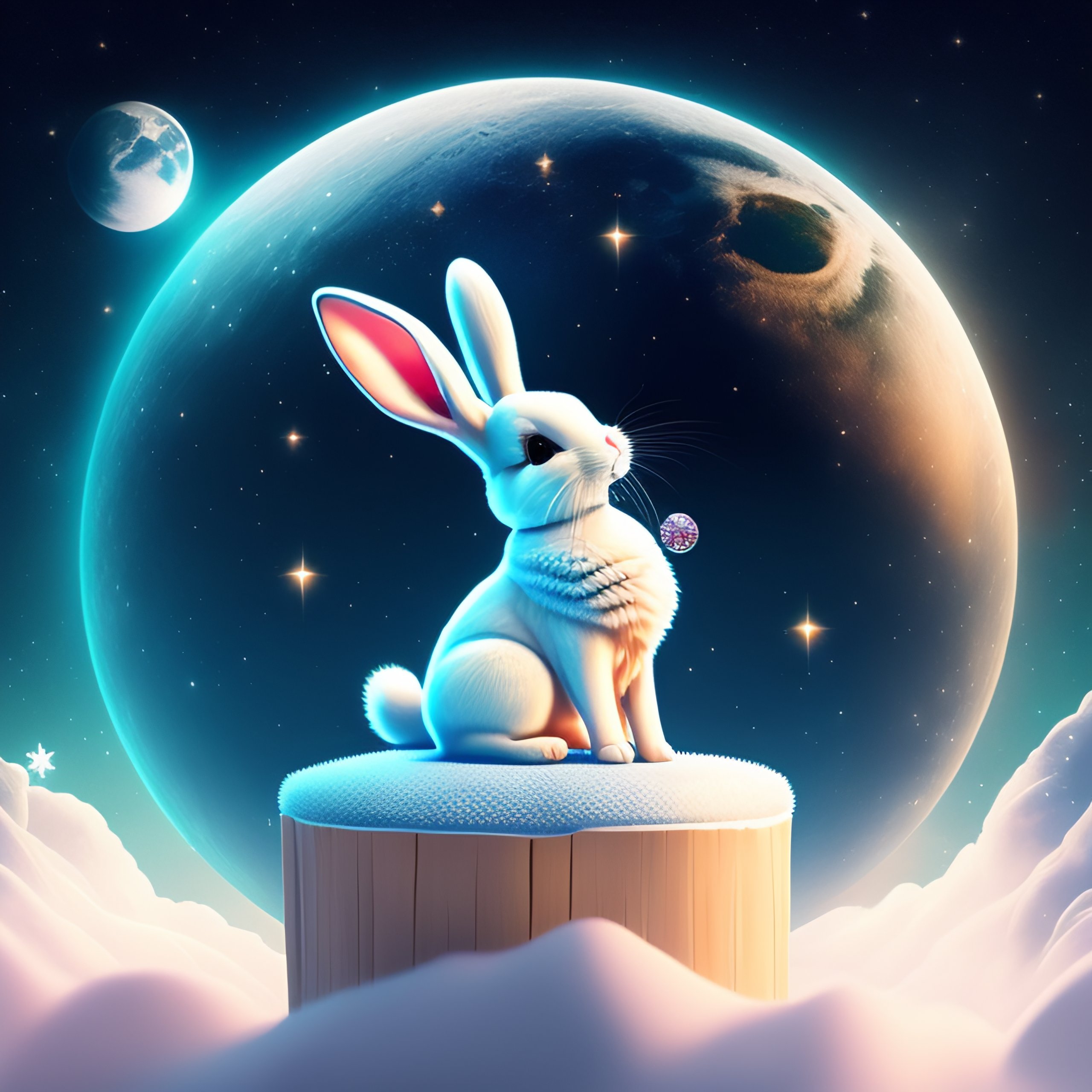 Lexica Cartoon style, on the moon, a snowwhite bunny, cool and cute