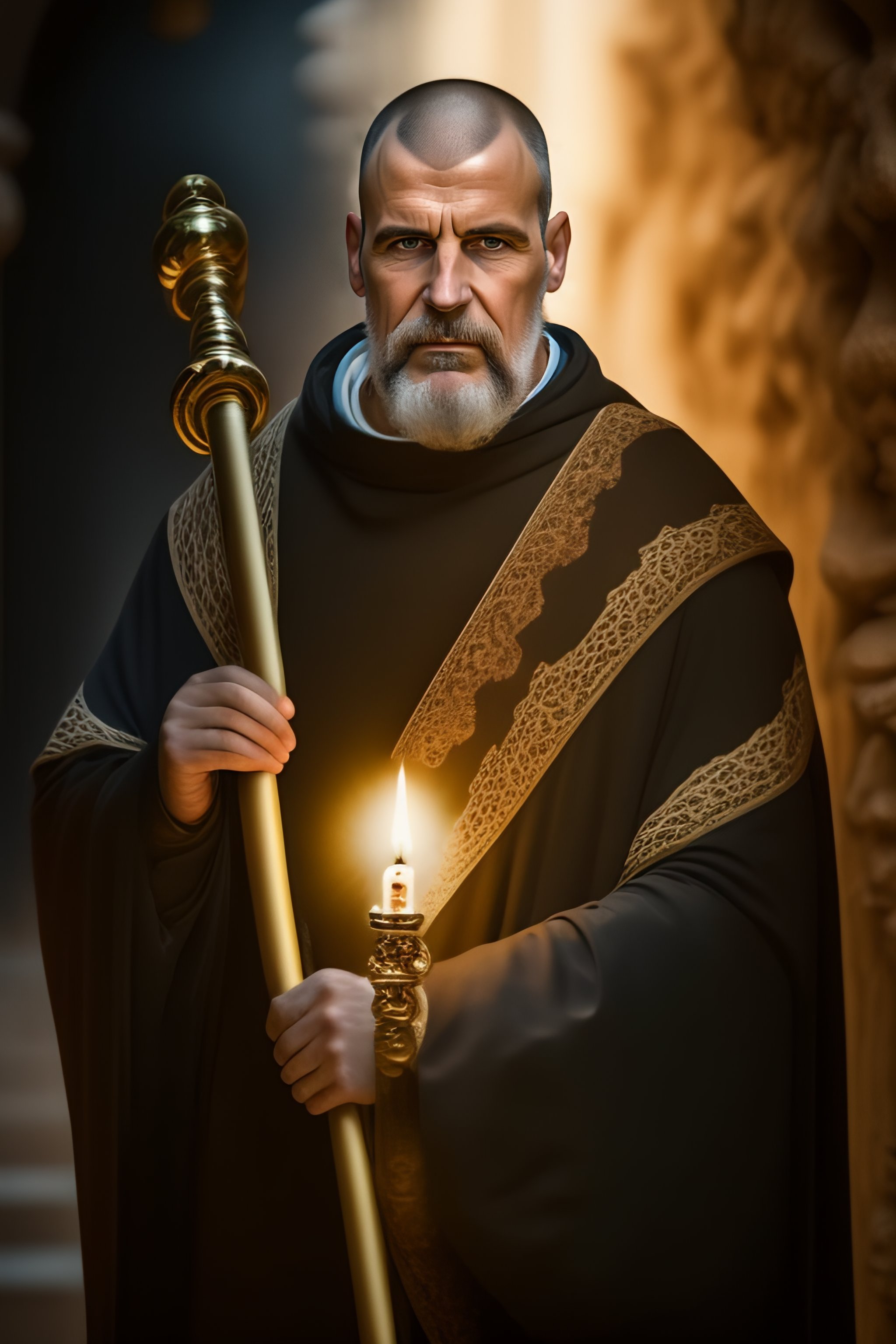 Lexica - One Greek monk in dark robe hold a staff that has a white ...