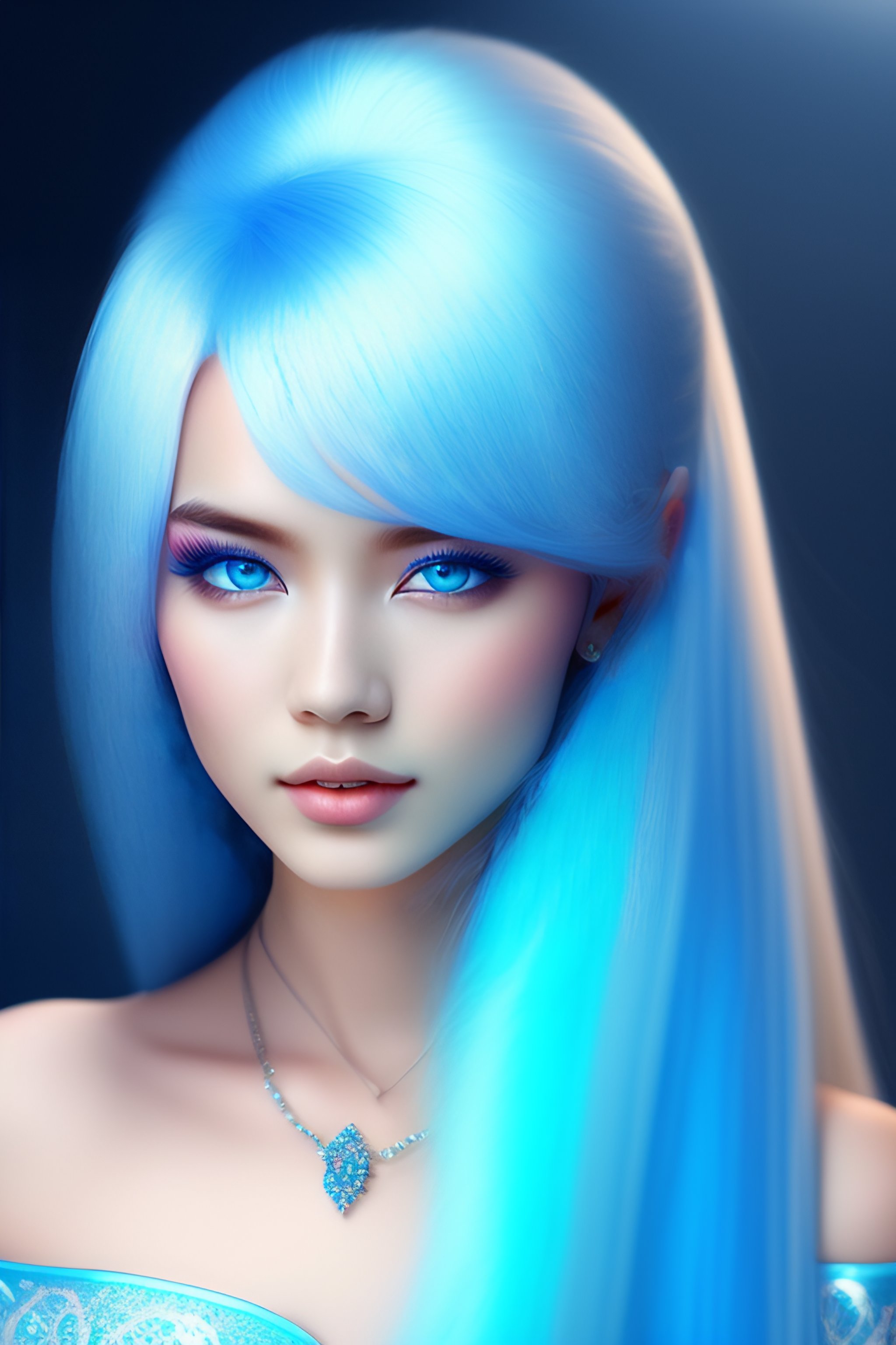 Lexica Girllight Blue Hair Blue Eyes White Skin Drees Blue Hair Long Small Nose