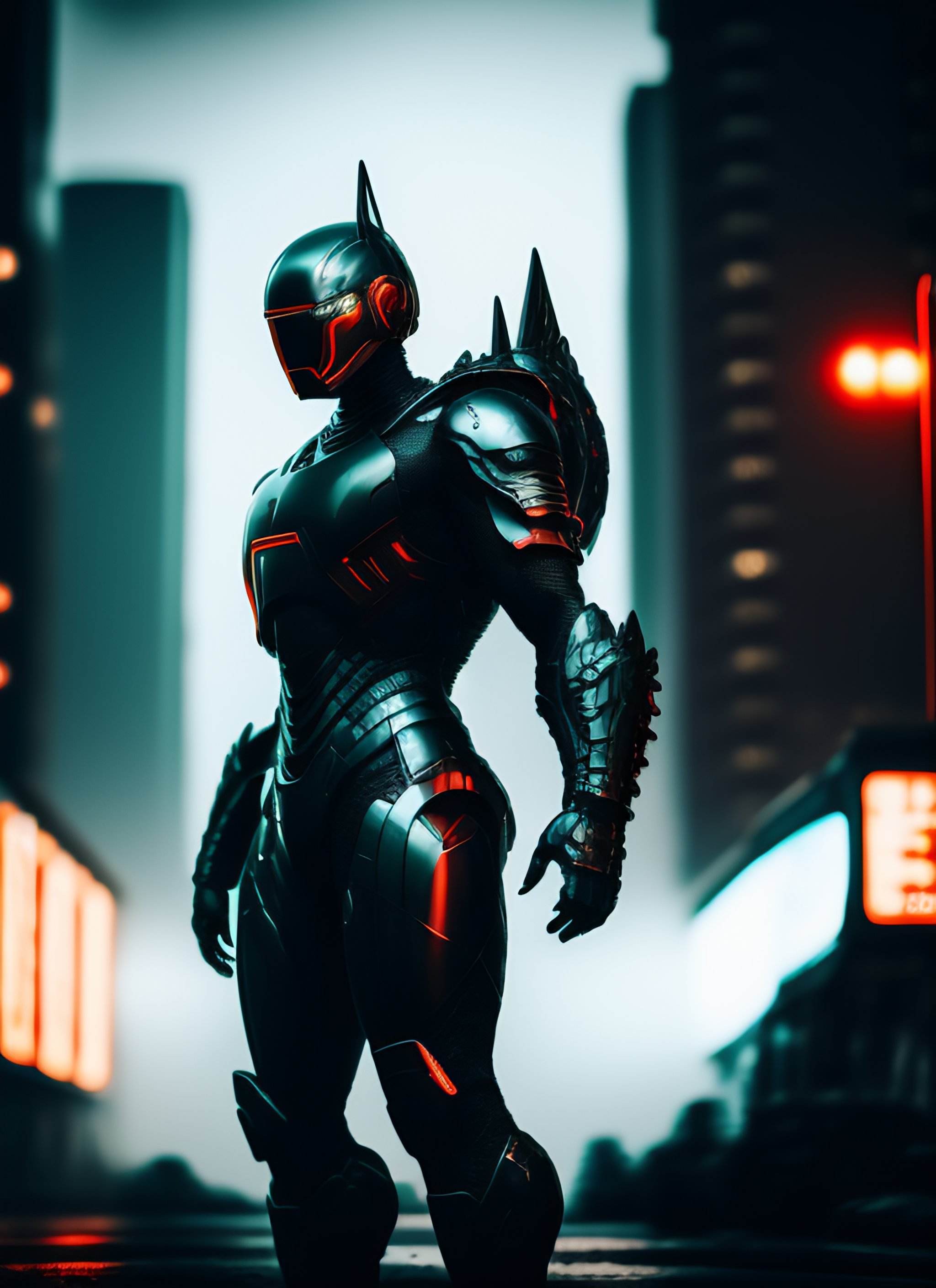 Lexica - Dinosaur humanoid, iron suit, red lights, metropolis, cyber ...