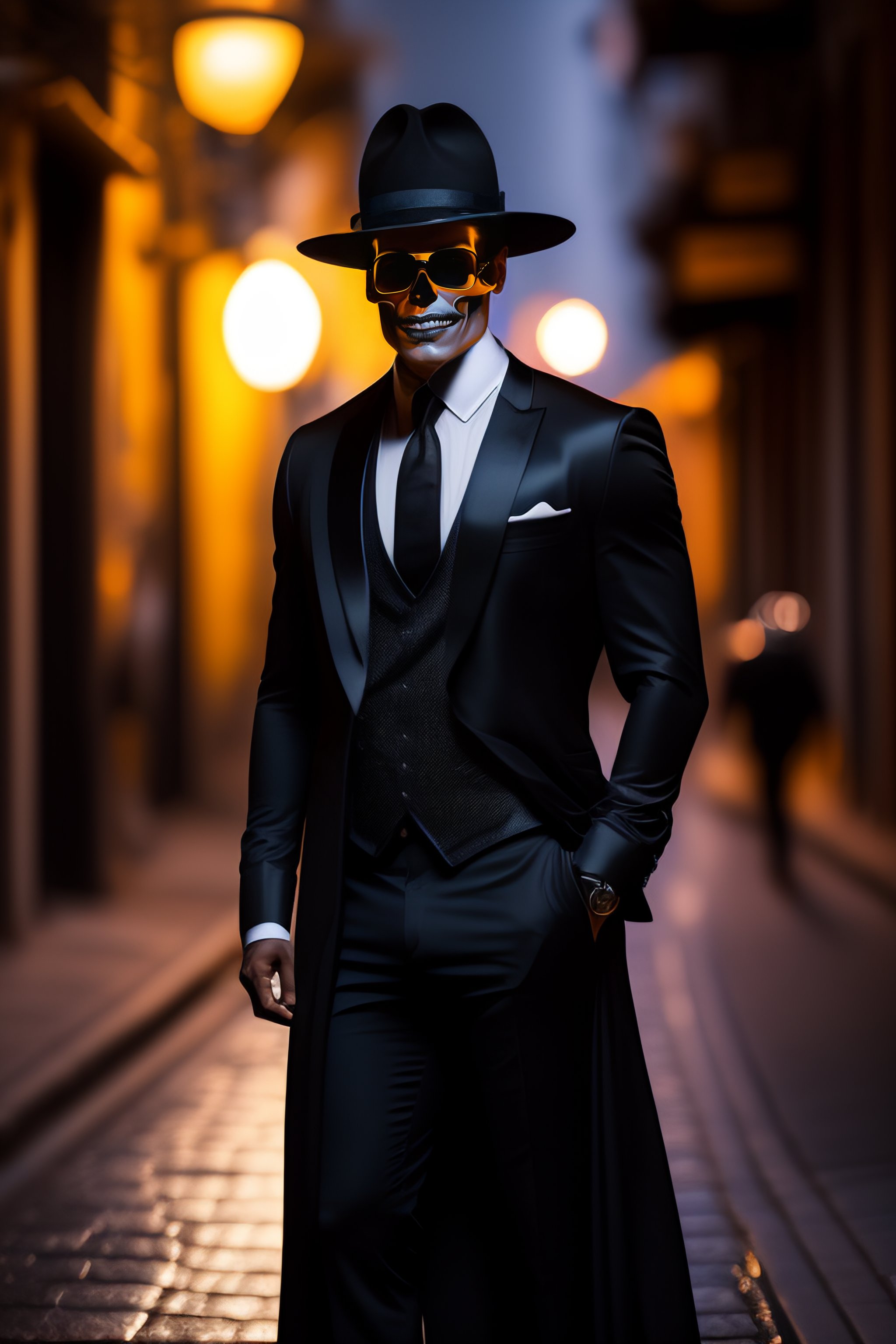 Lexica Handsome skull faced Brazilian man wearing black suit and black hat on street at night in Arcos da Lapa Rio de Janeiro full length view Gr