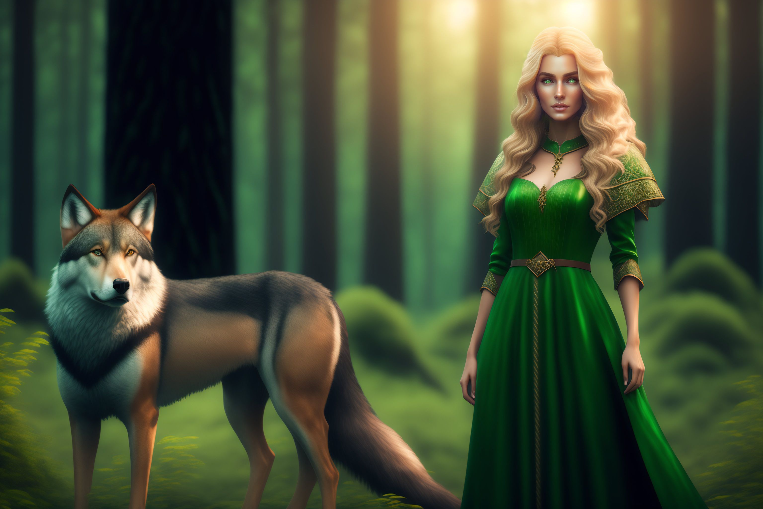 Lexica - Fantasy, elf girl with wolves, blond wavy hair, green eyes ...