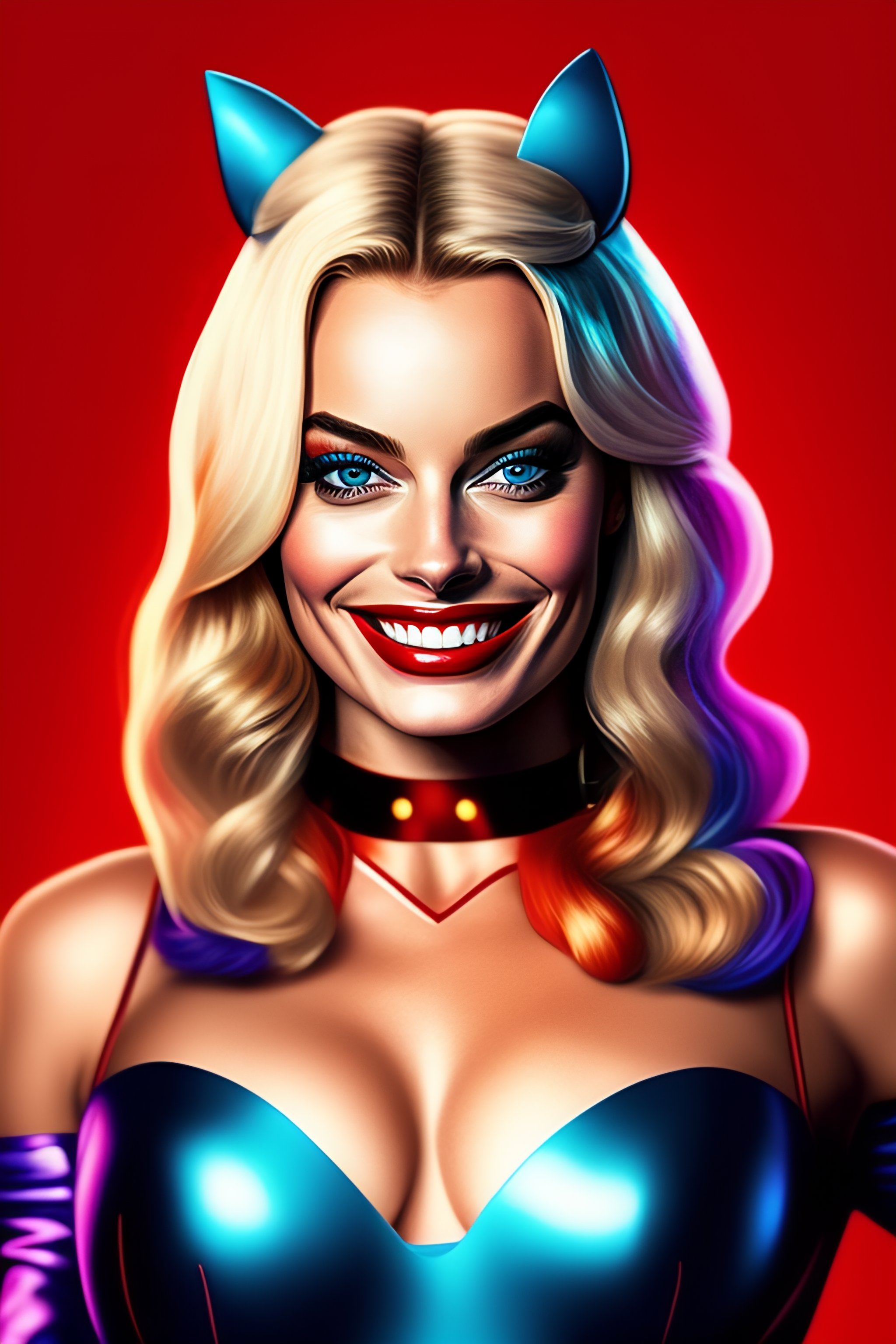 Lexica A Portret With Margot Robbie As Harley Quinn Smiling Hyperrealistic