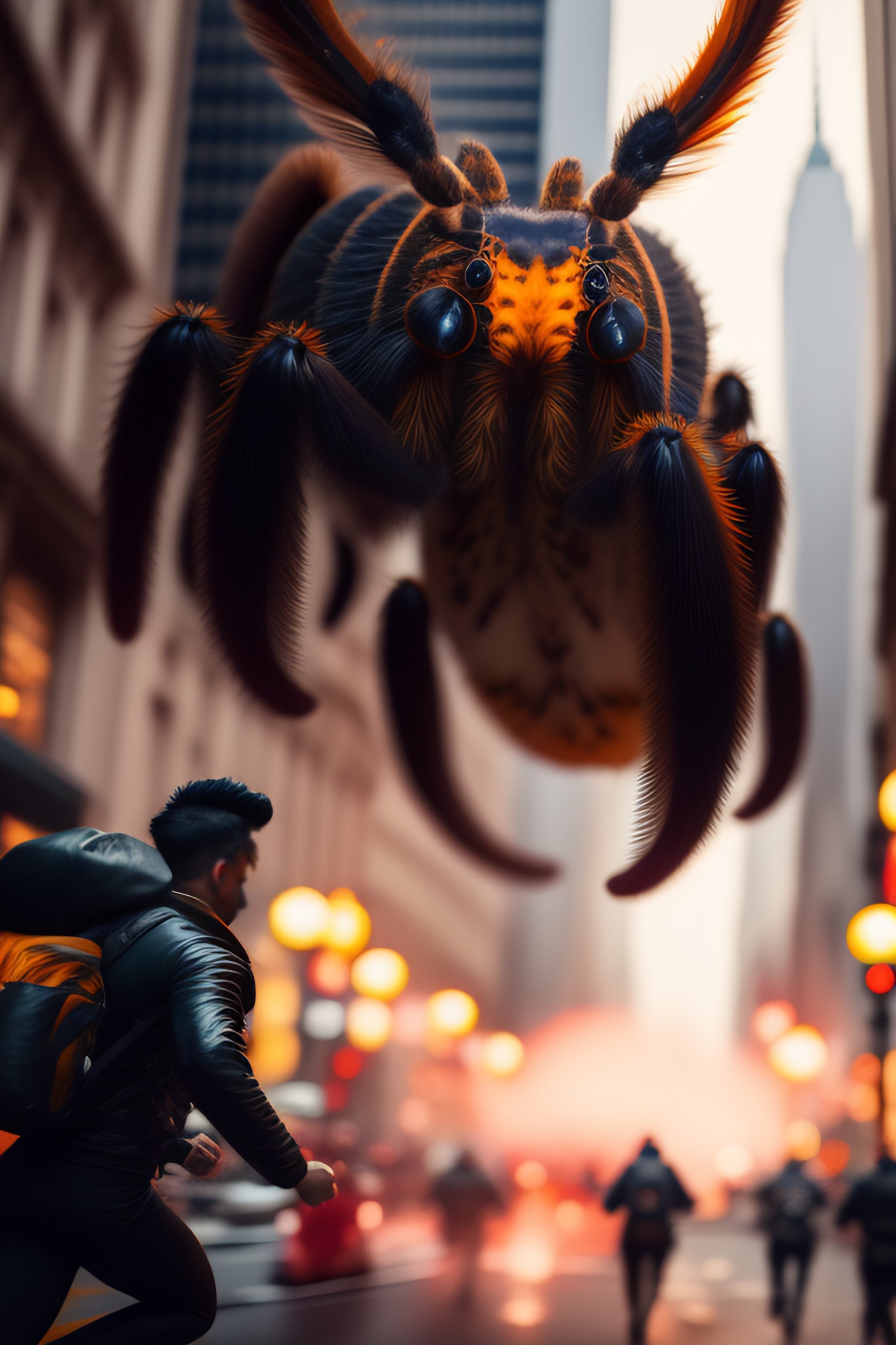 Lexica - People running awya from a giant hairy tarantula in New York ...