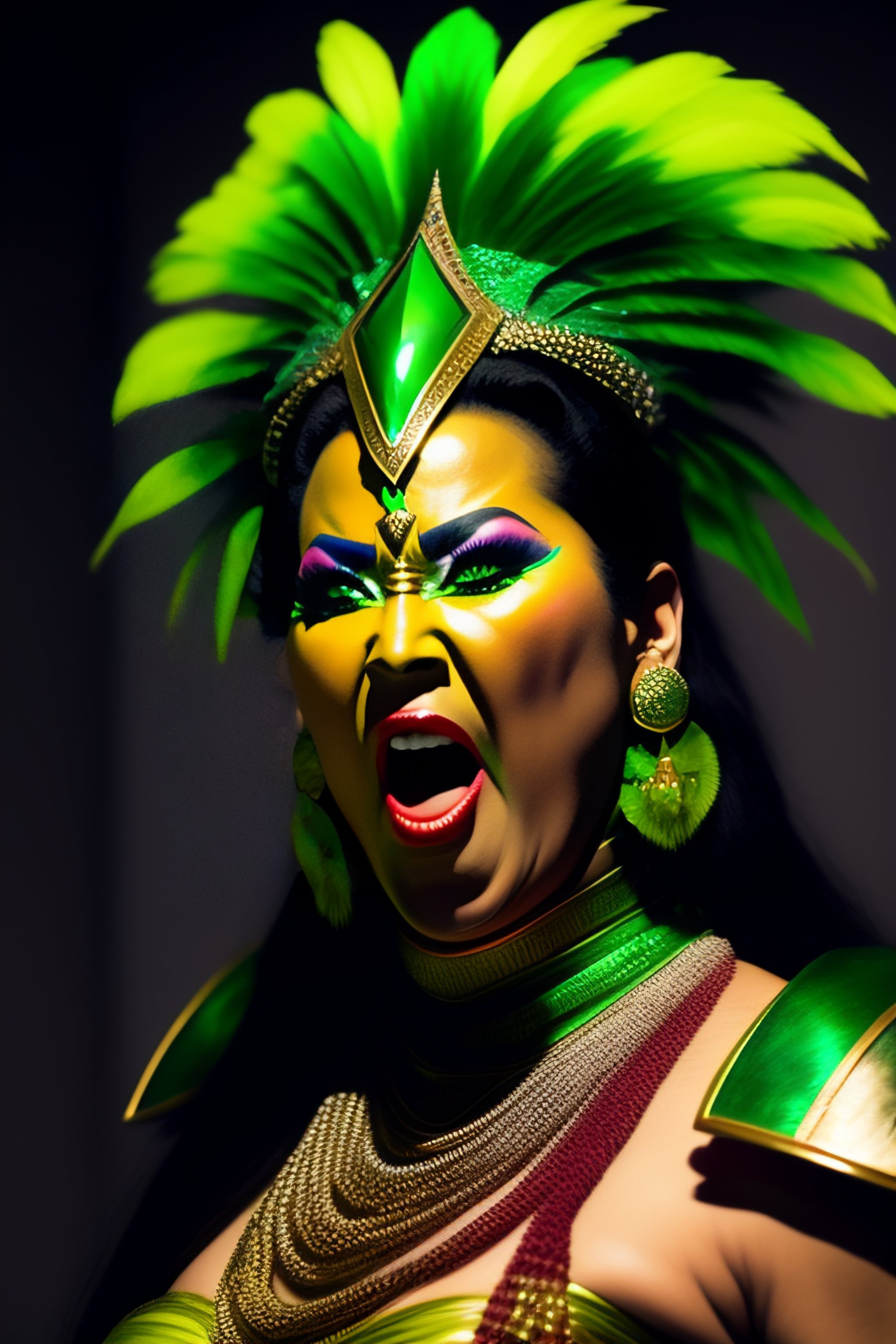 Lexica - Yma Sumac screaming with angry face and a green laser coming ...