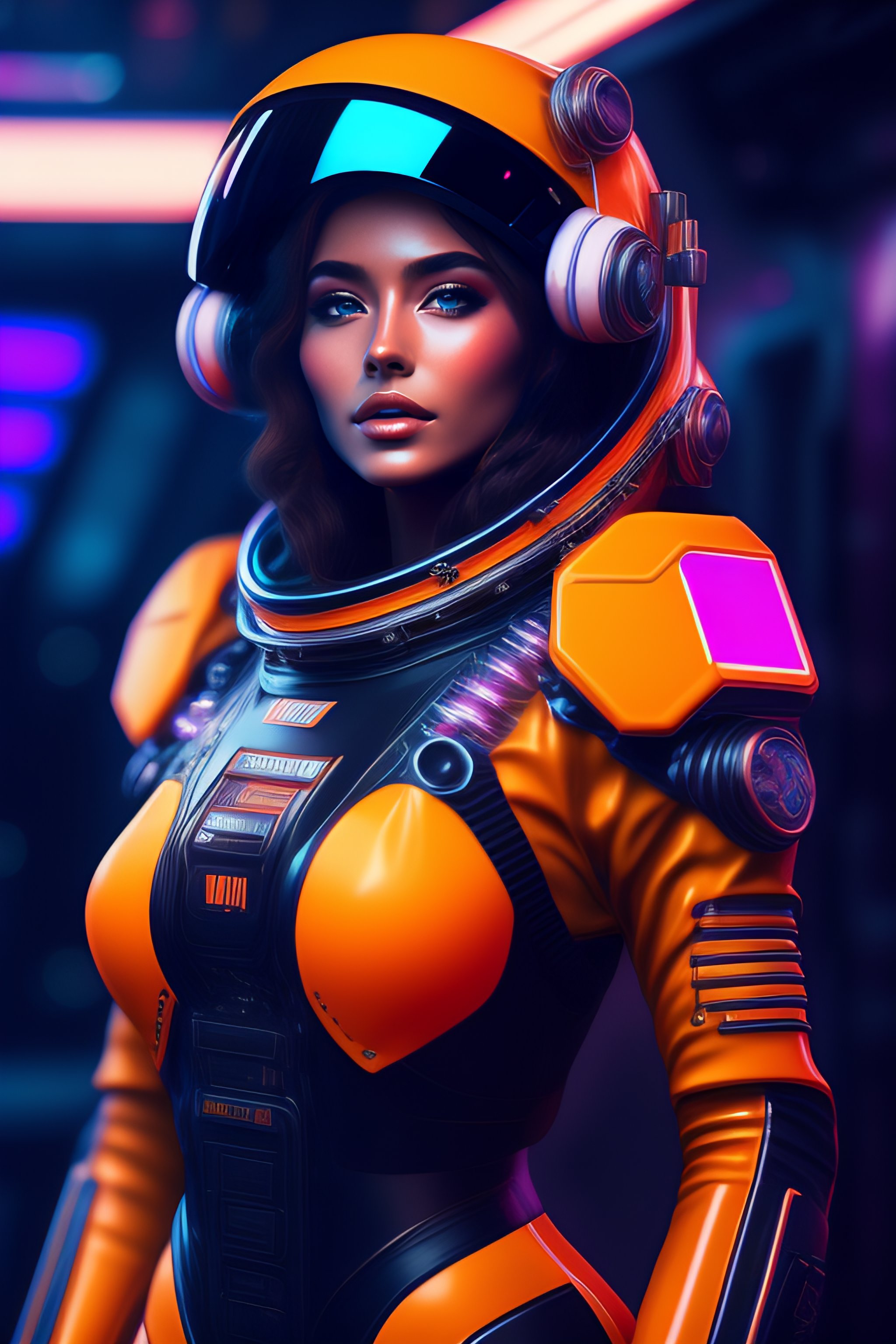 Lexica - Beautiful female astronaut from the year 3000, neon ambiance ...