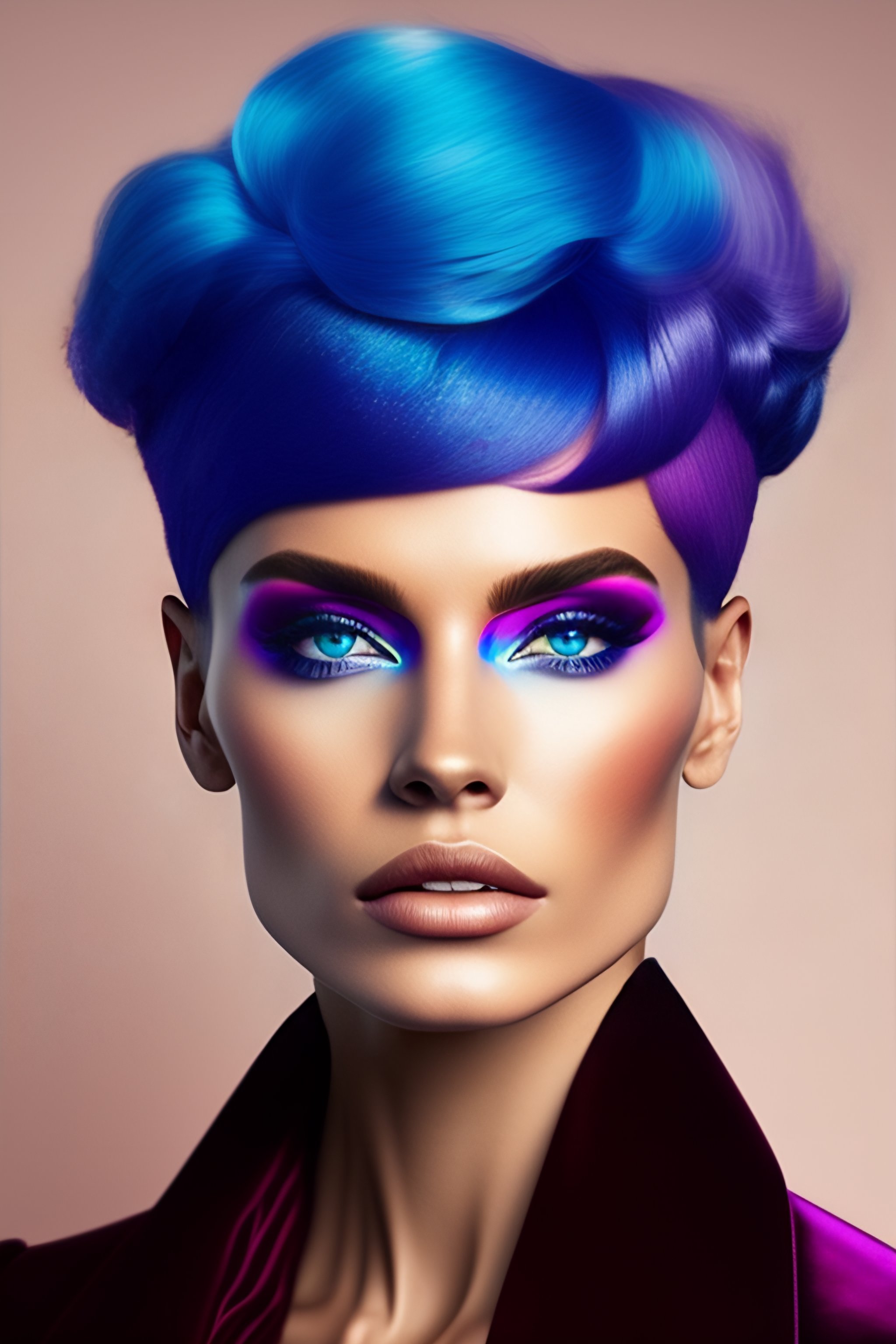 Lexica - femme yeux bleu, les cheveux rose, coiffure attacher en queu
