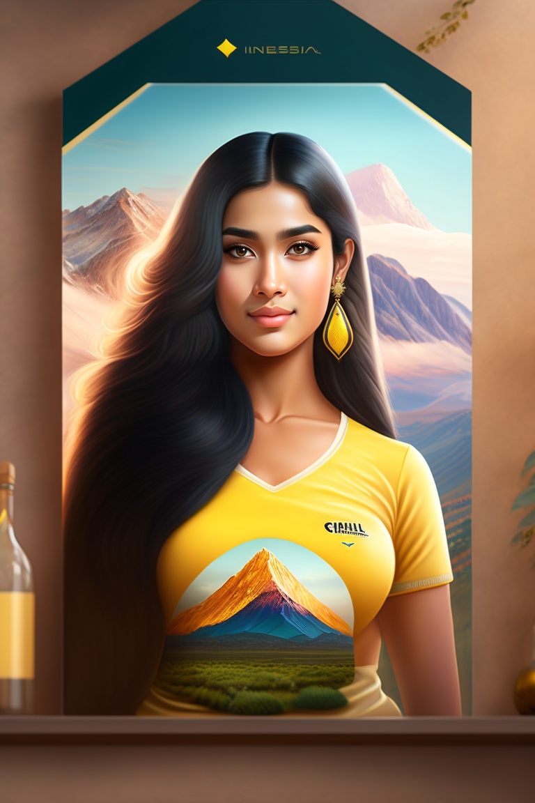 Lexica - An Indian tall girl with 25 years black long hair, yellow t shirt  with mountain print pn it and, mountain behind 8k full realistic