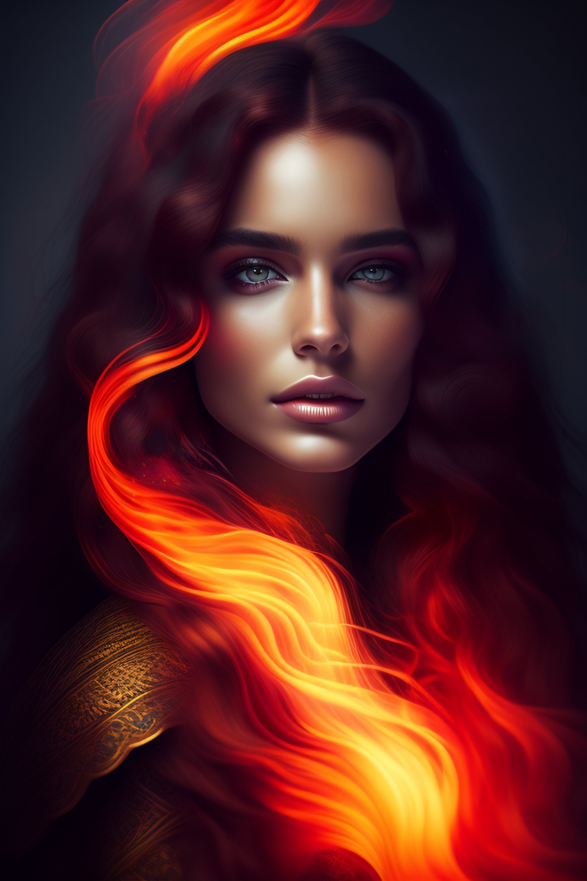 Lexica - A portrait of a woman and she has hair made of flames, dark ...