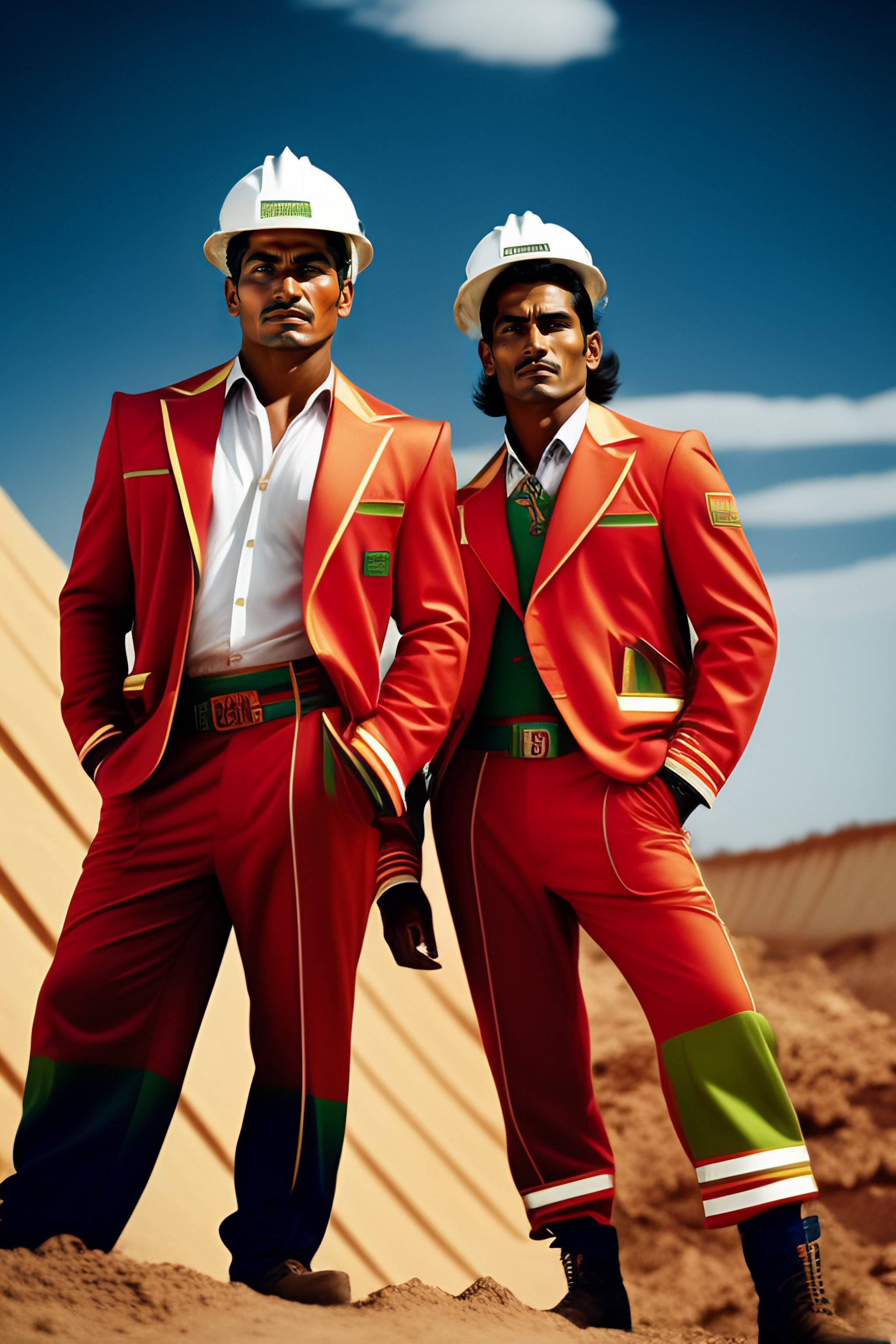 Lexica - Portrait of mexican construction workers on job site in ((gucci  suits)) EPIC photoshoot by David LaChapelle. LOUNGING, editorial Fashion  Mag...