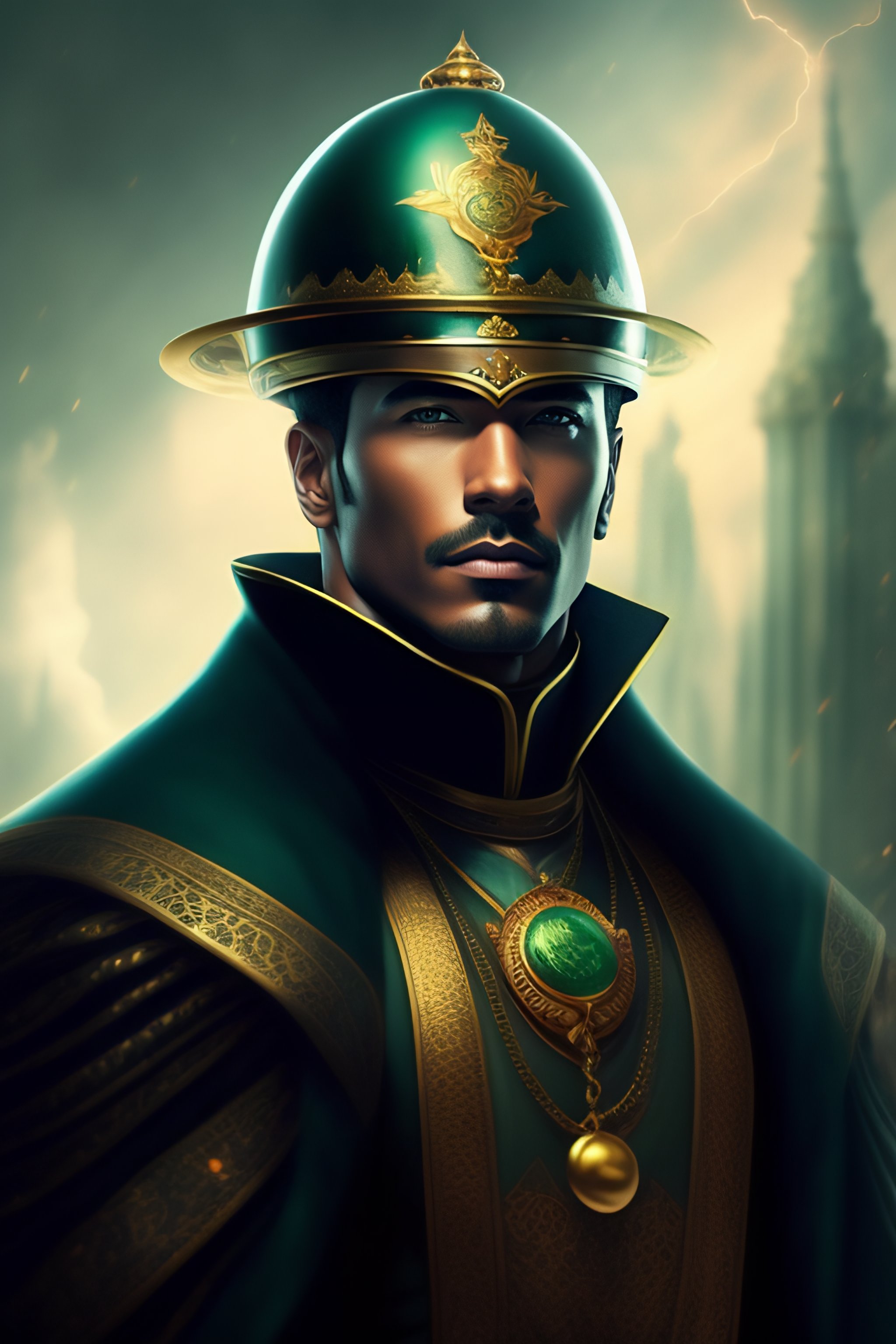 Lexica - Magician man, goggles on neck, jade helmet