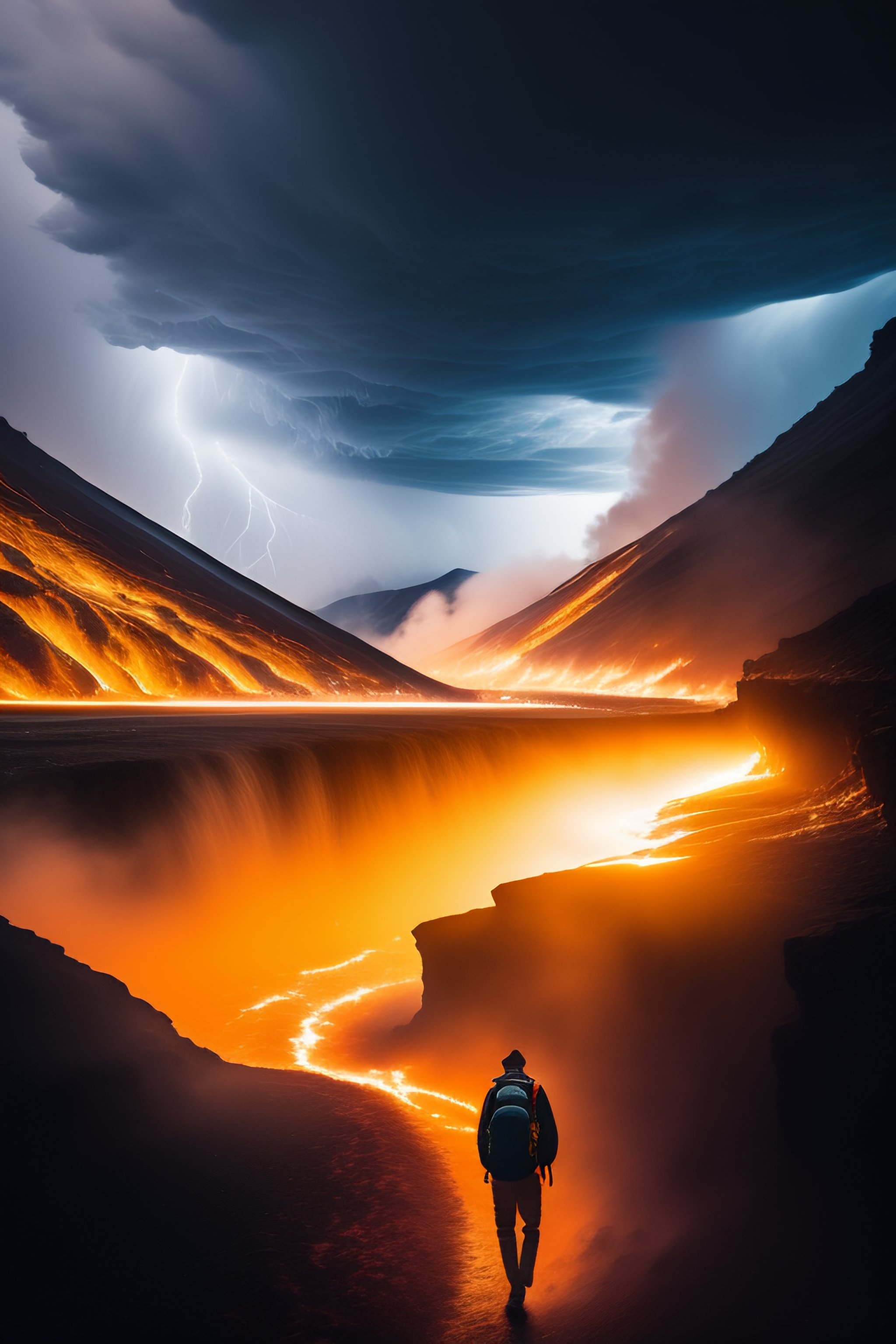 Lexica - Man seen from behind with a backpack ready to cross a river of ...