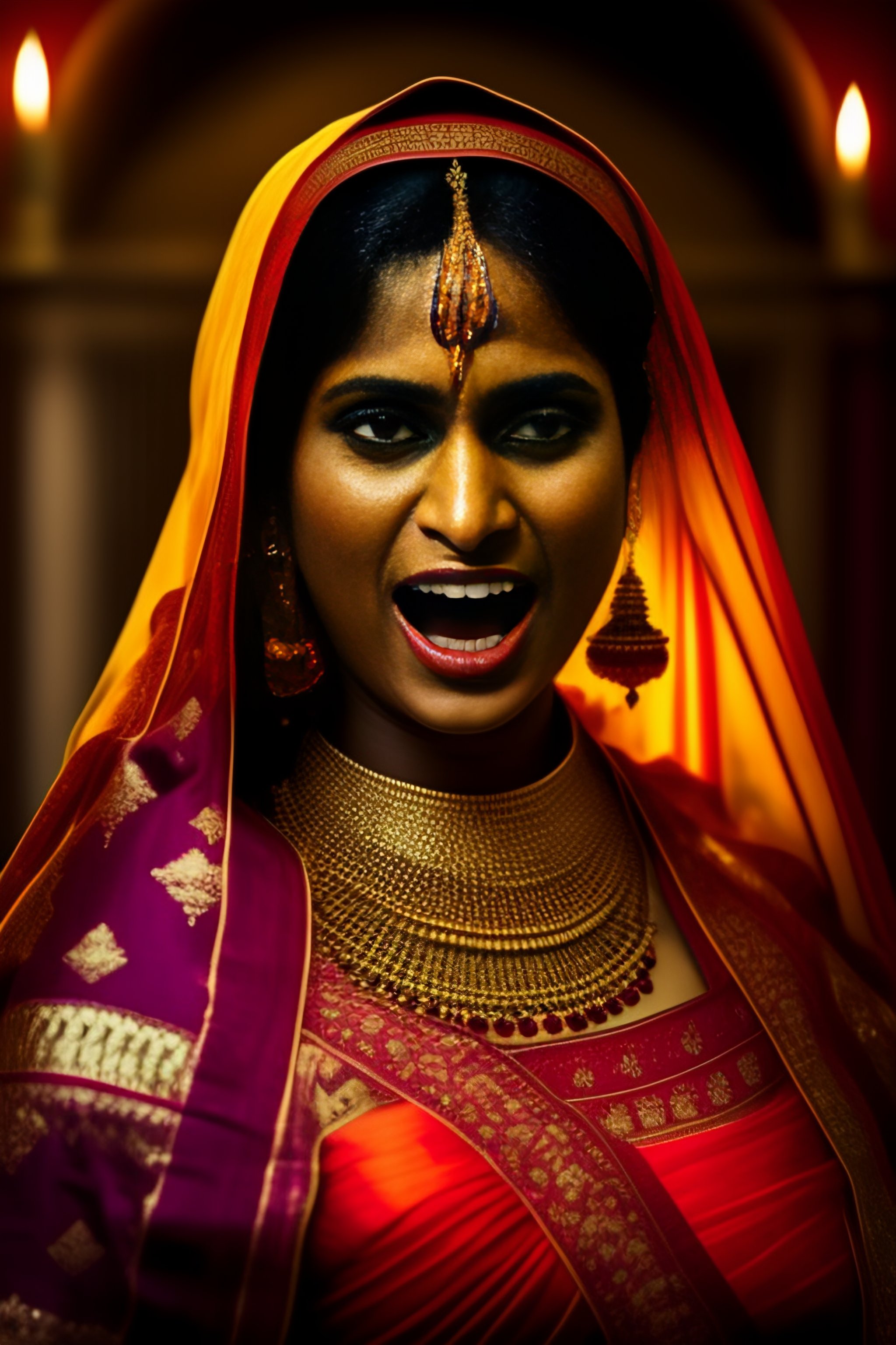 Lexica A traditional Bengali woman, demonic eyes, mouth open showing