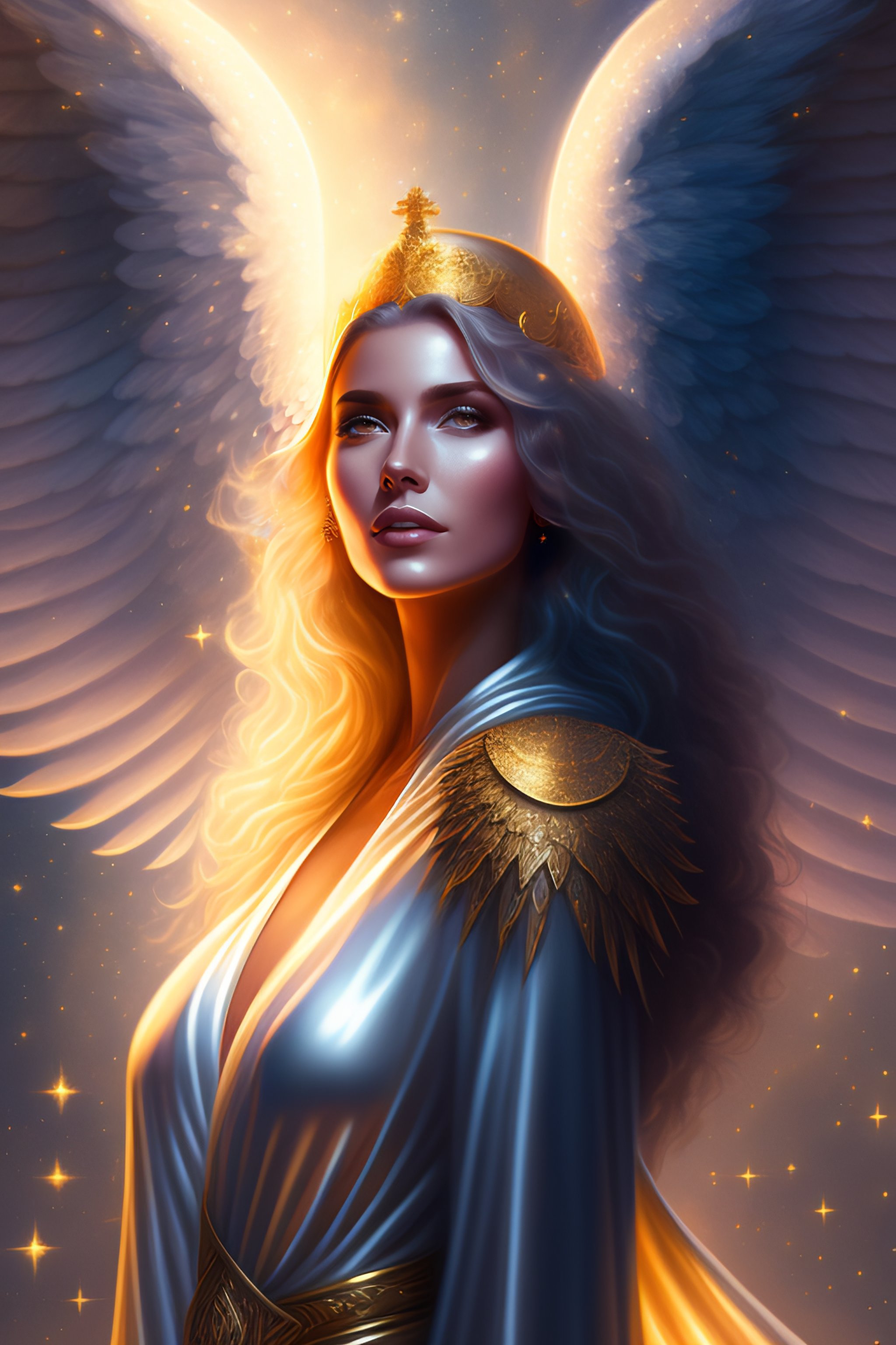Lexica - A woman with angel wings wearing a silver-white robe meets ...