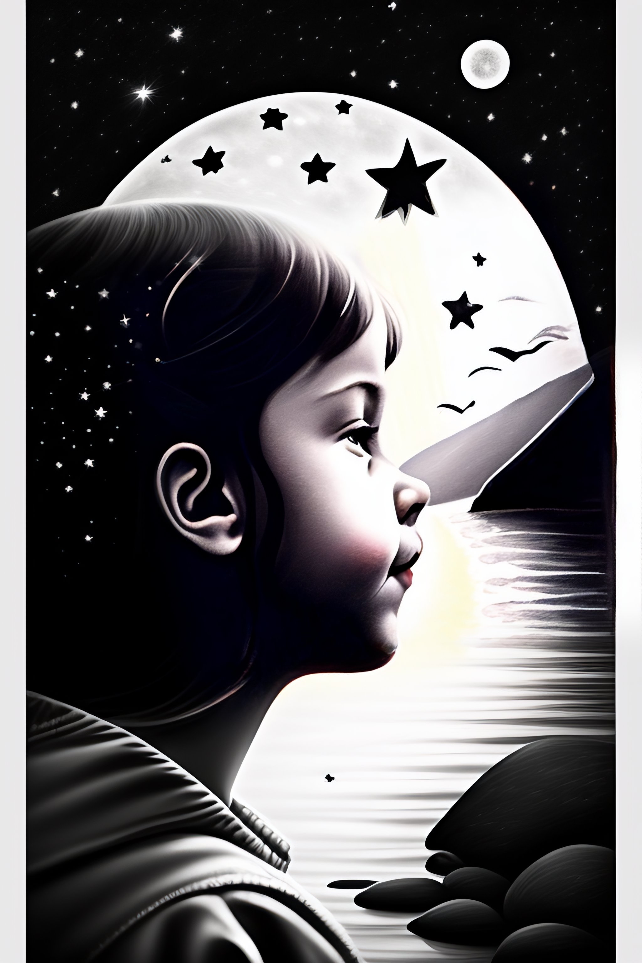 Lexica - Girl looking at the stars, black and white, logo,