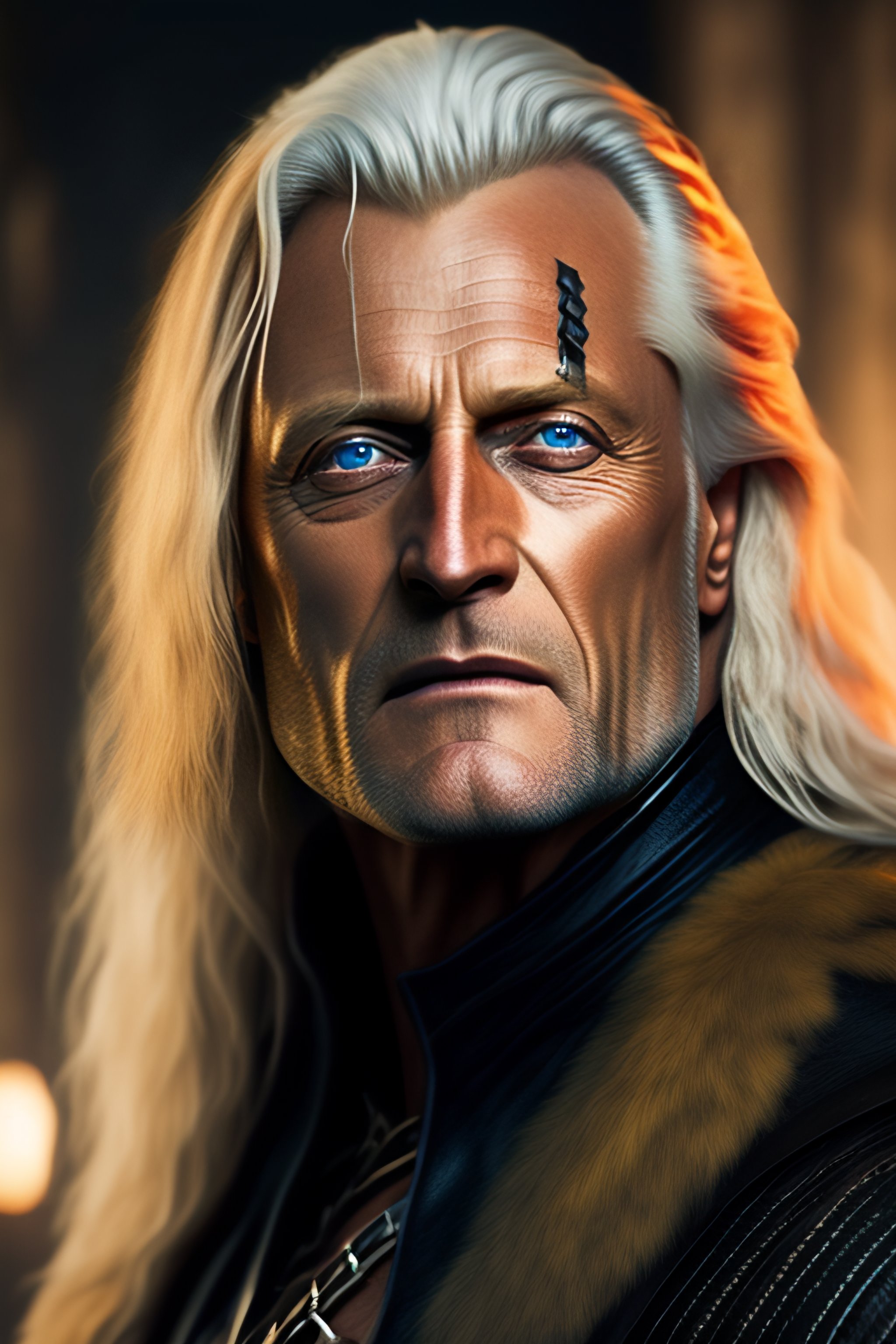 Lexica - Rutger Hauer as Geralt of Rivia. He has long white hair. He