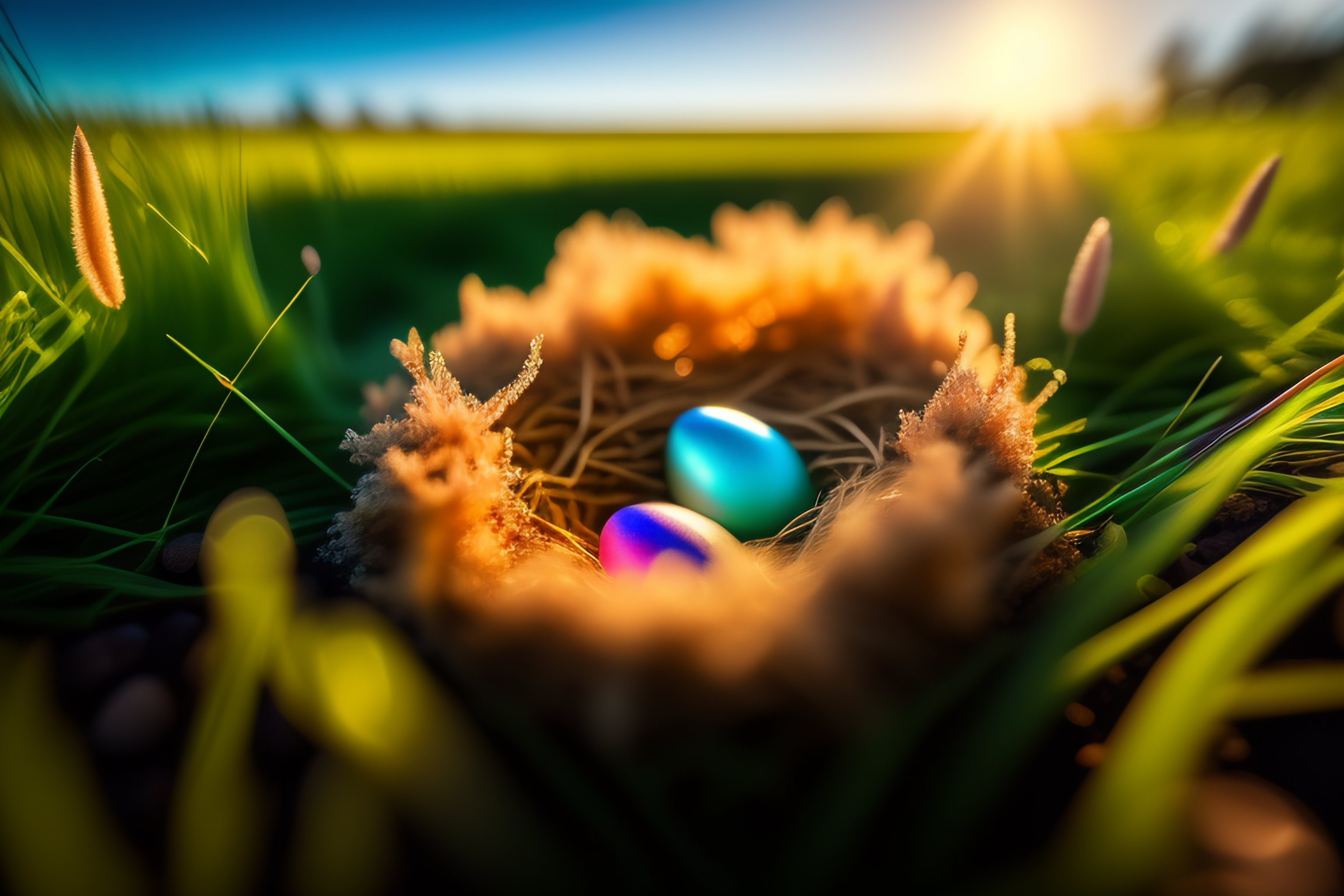 Lexica - Amazing realistic photo if a nest with easter eggs in grass on ...