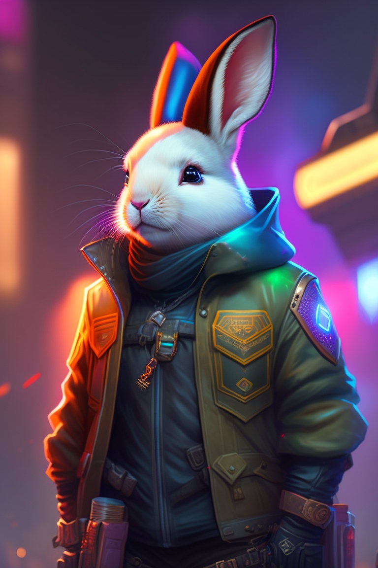 Lexica - A rabbit, cyberpunk, cute, with cloths, full body in a hero ...