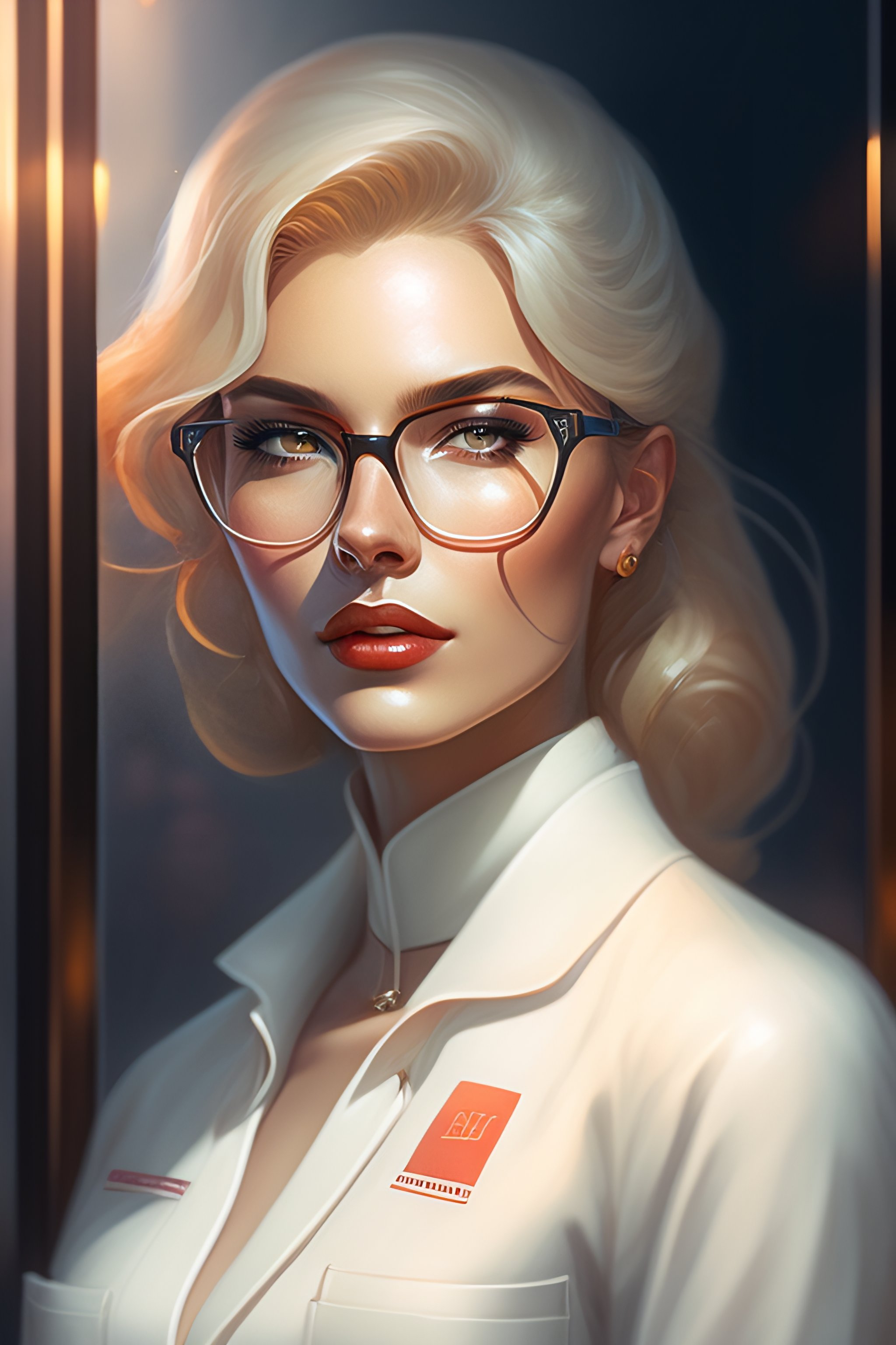 Lexica A beautiful woman in linen in a lab coat and glasses holds a tablet, stands inside the