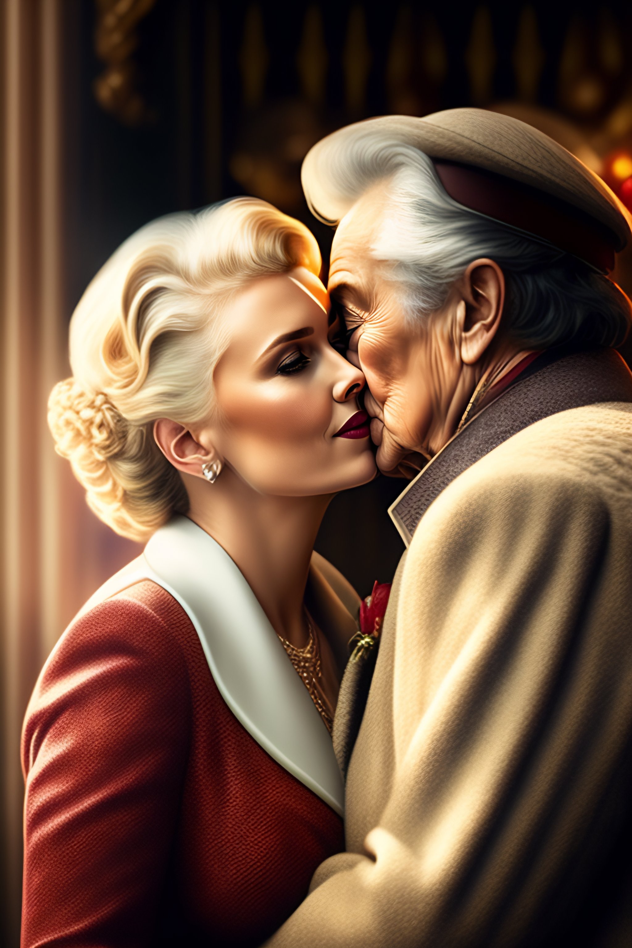 Lexica - Scarlett Johansson kiss old woman, wedding background, glamour,  realistic, 32k, Ultra-HD, Cinematic Lighting