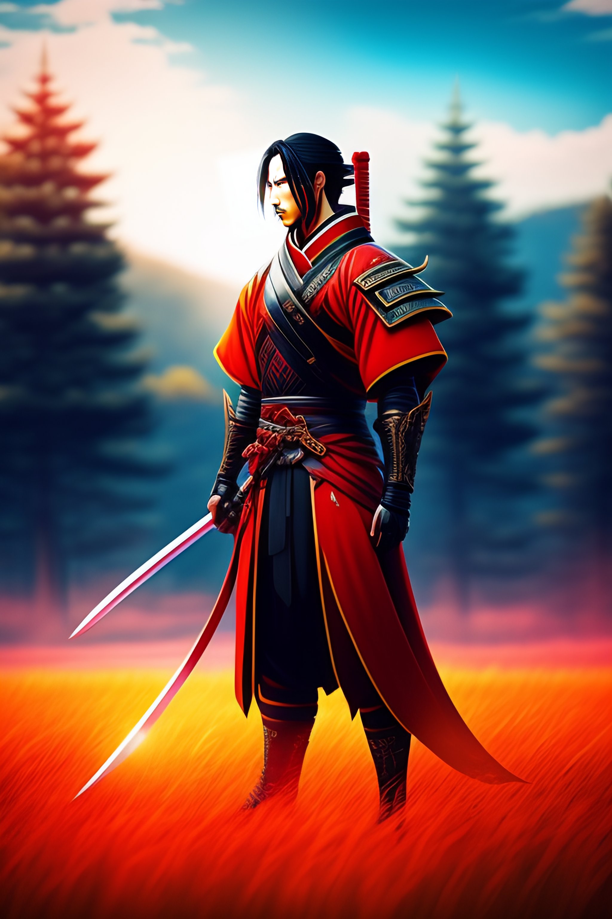 Lexica - Anime, Samurai Standing in Field, Red Blade,
