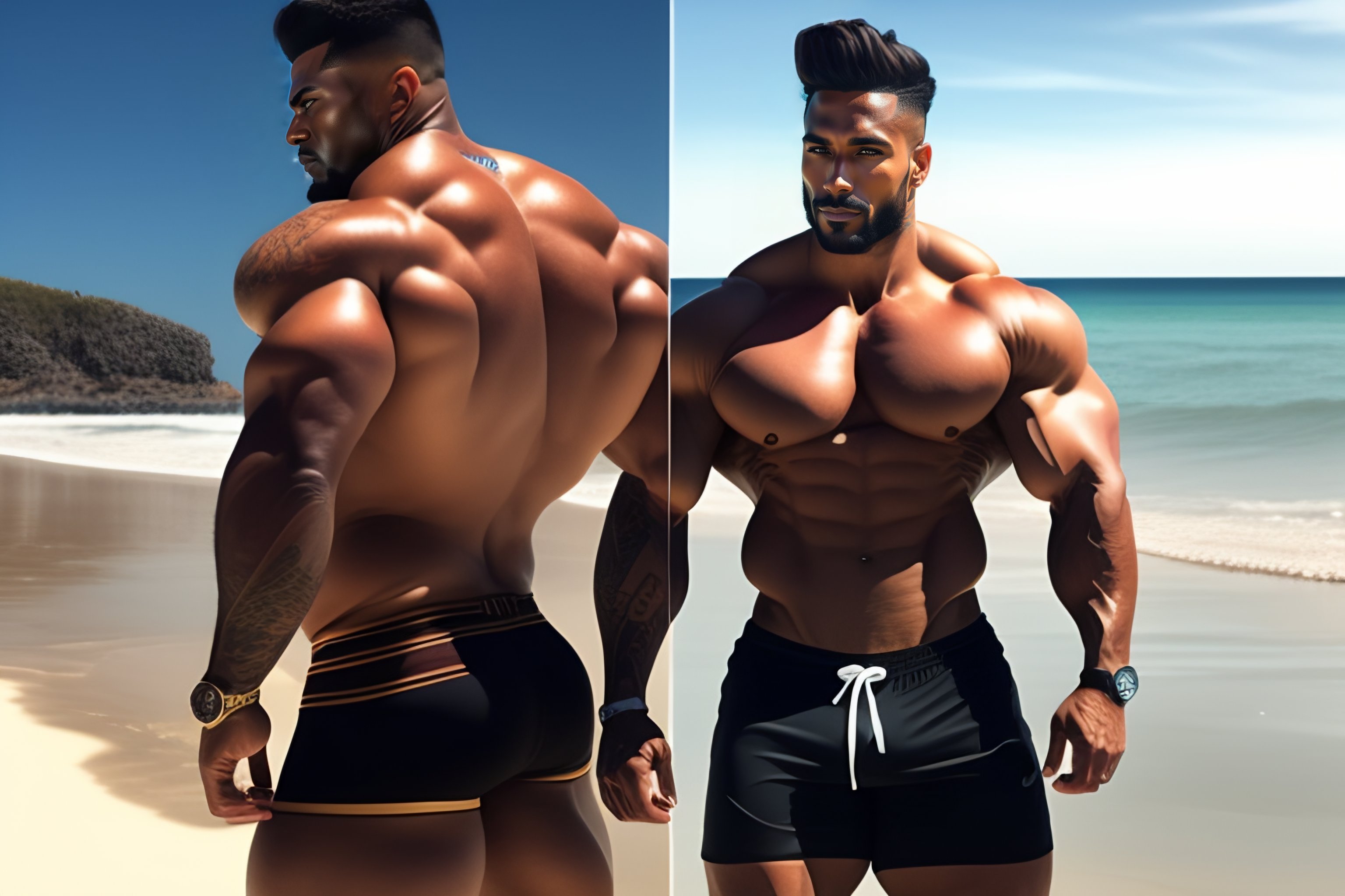 A bulky, muscular guy on the beach