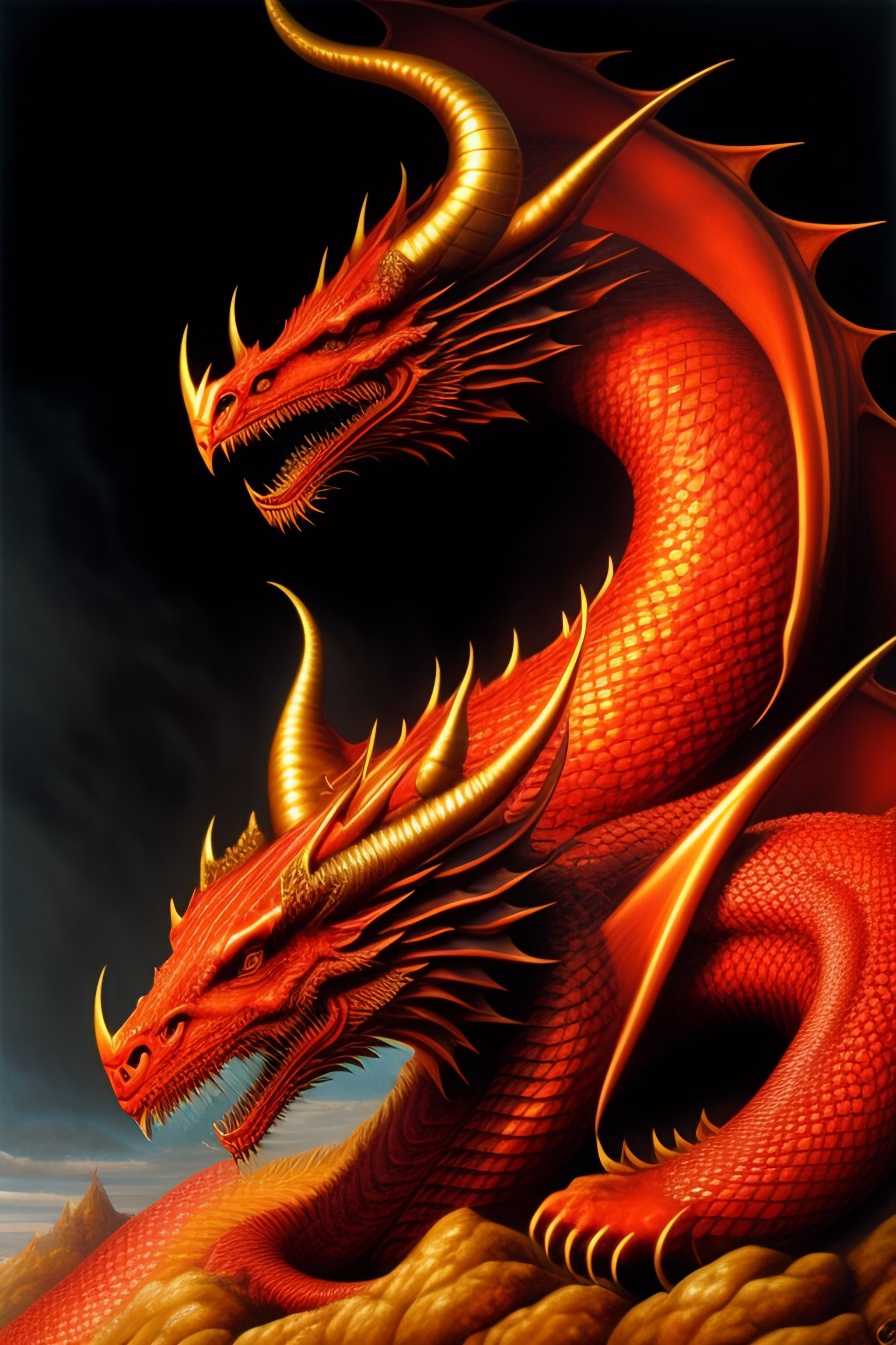 Lexica Painting, red dragon lying on mound of gold, highly detailed