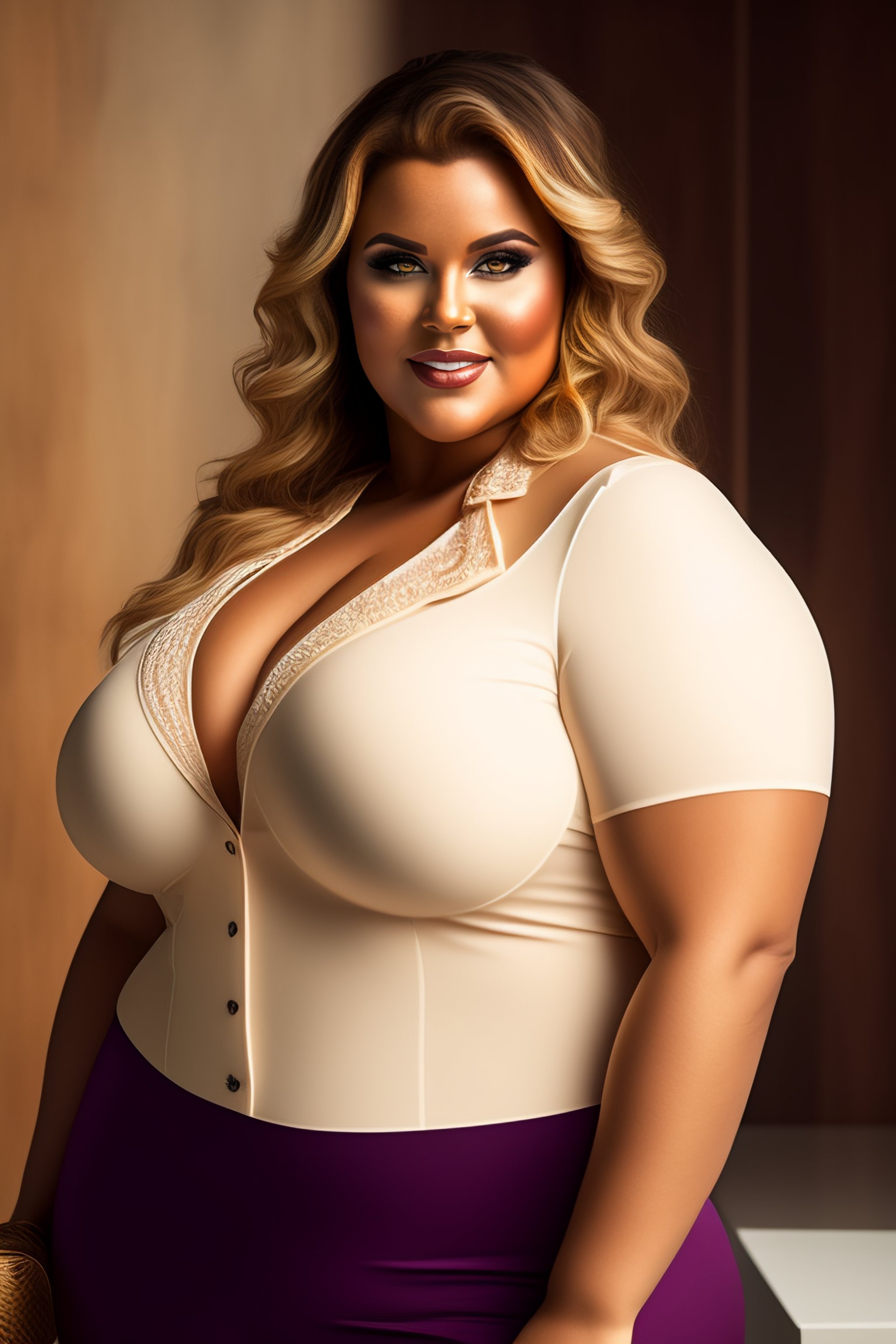 Lexica - Full-figured shapely Swedish woman wearing a low cut and revealing  shirt, serving food