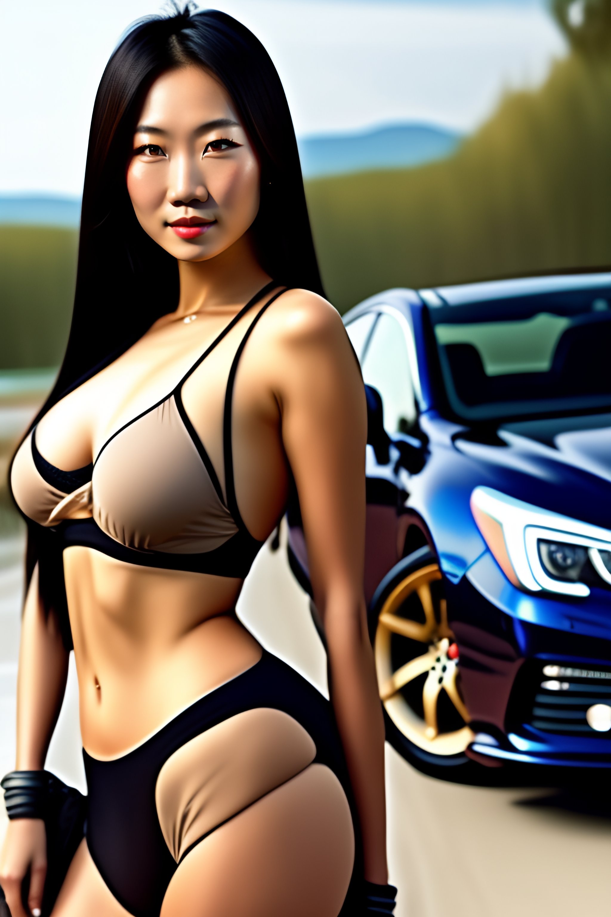 Lexica - Sexy asian girl, bending back to camera, next to black Subaru  legacy bl5 , high definition, hdr, 4k, wide-angle, anime style,