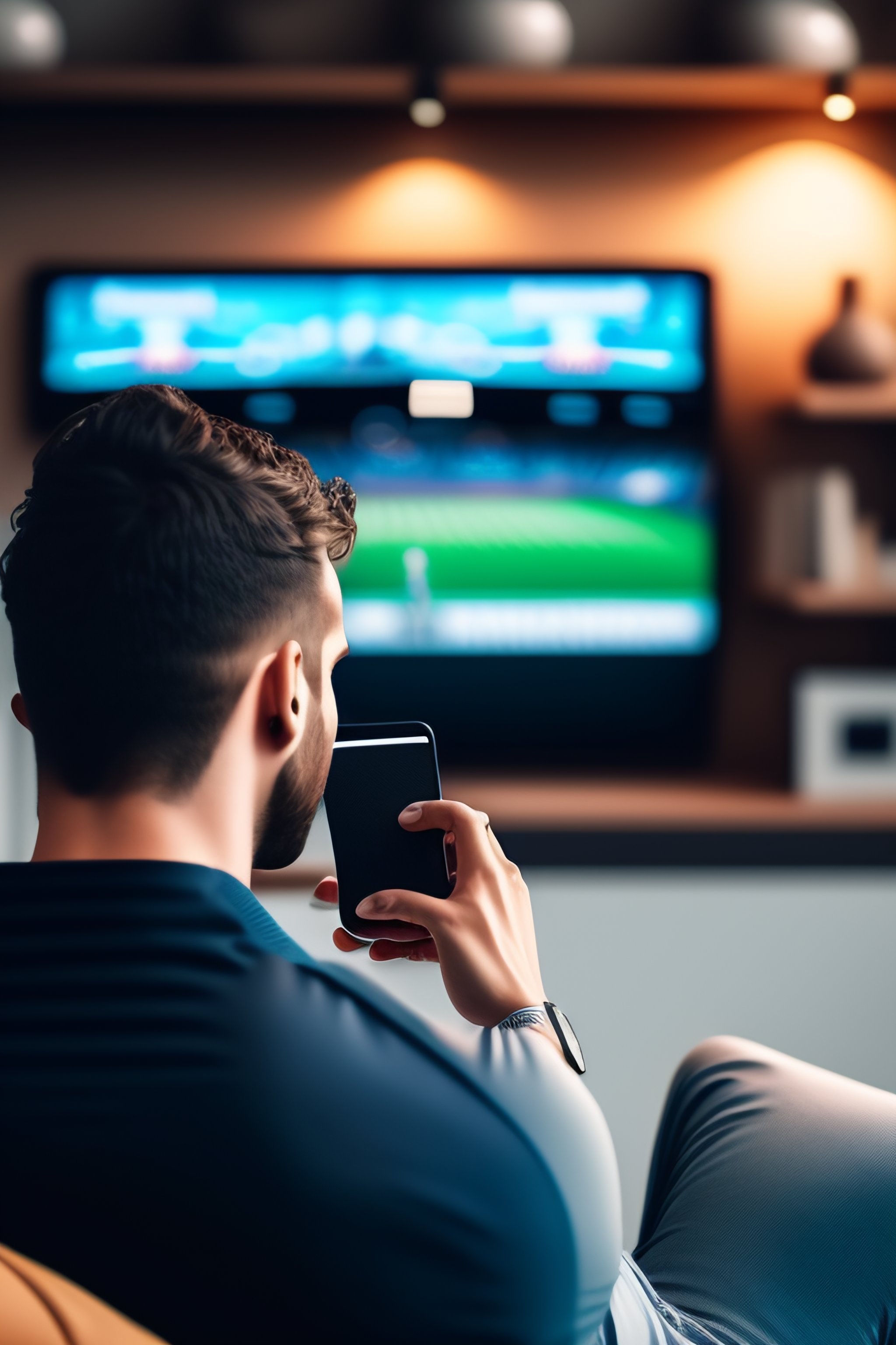 Lexica Man watching sports on tv holding his smartphone