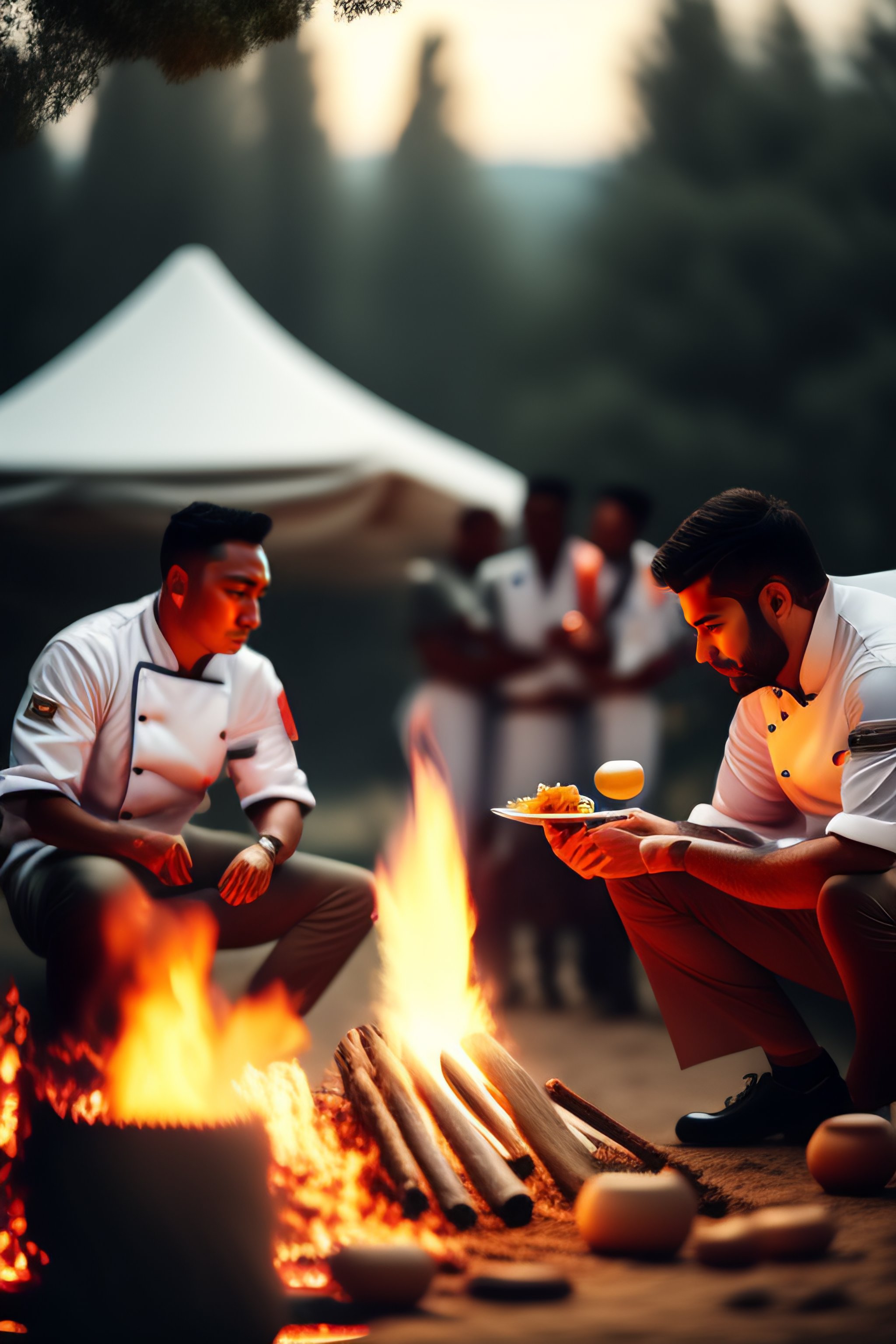 Lexica Gropu Of Chefs In White Uniforms Around A Camp Fire