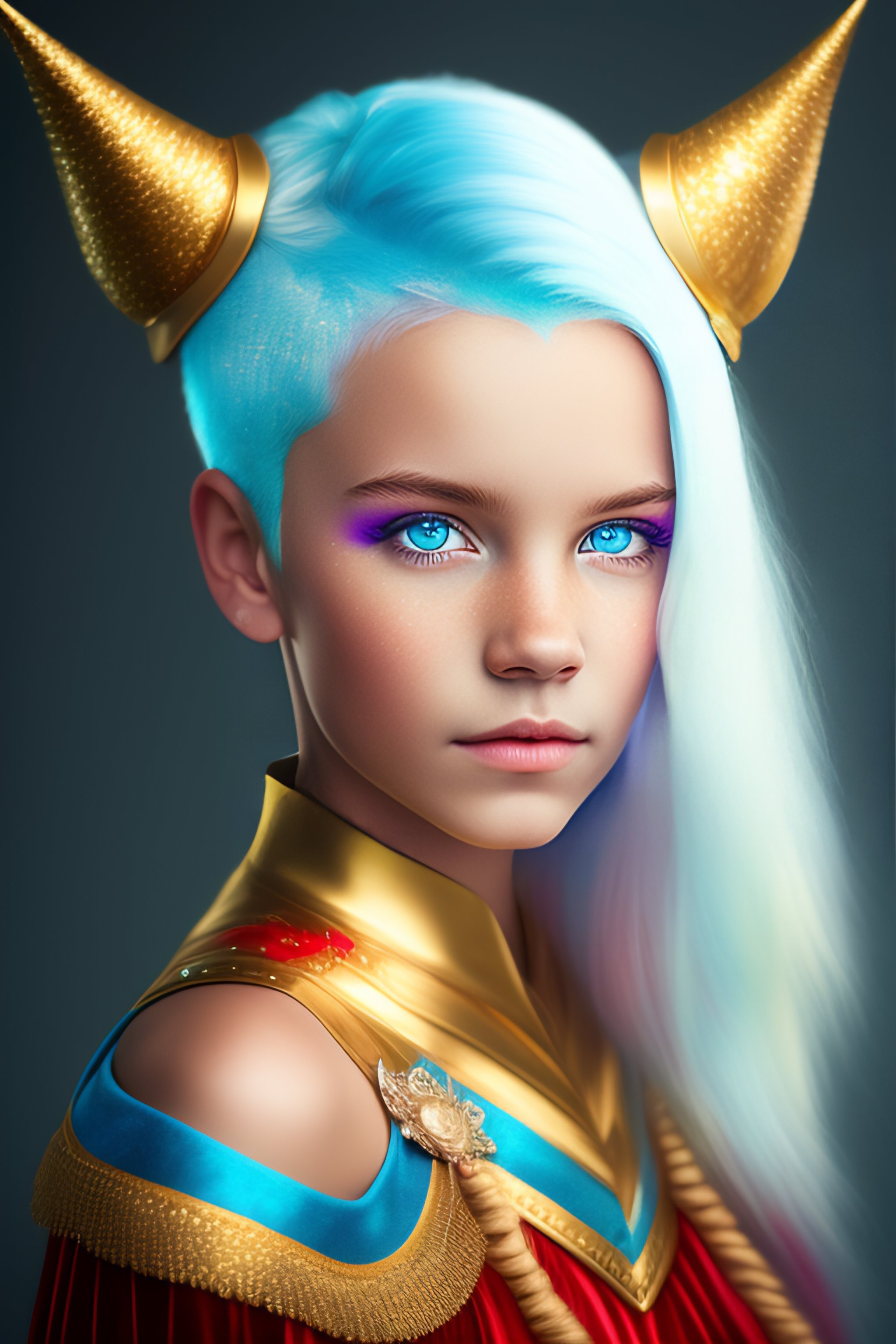 Lexica - Girl with short light blue hair and red eyes wearing a golden ...
